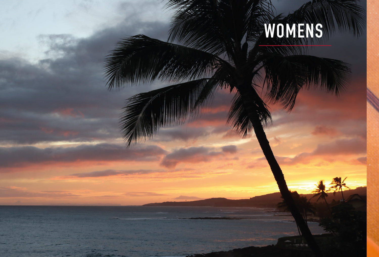 Womens Category. Photo of palm trees and beach at sunset in Kauai.