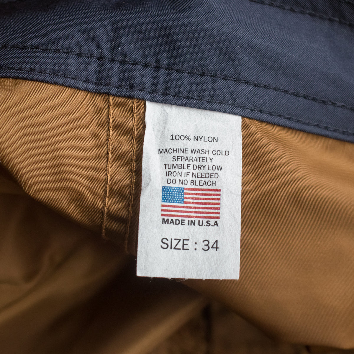 close up view of, made in the u.s.a. label.