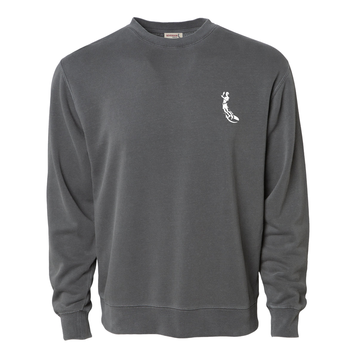 Front of mens crew neck sweatshirt in black. Small Left chest embroidery of severson surfer icon in white.