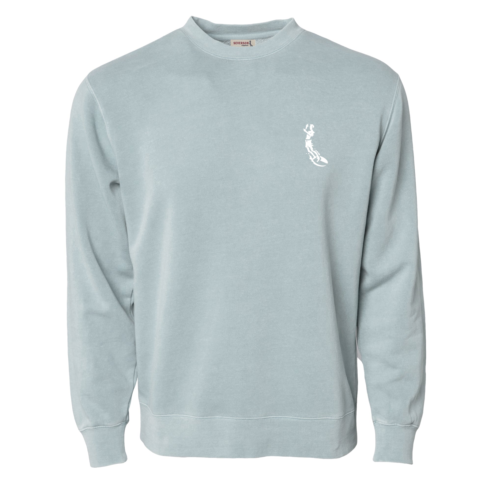 Front of mens crew neck sweatshirt in sage green. Small Left chest embroidery of severson surfer icon in white.