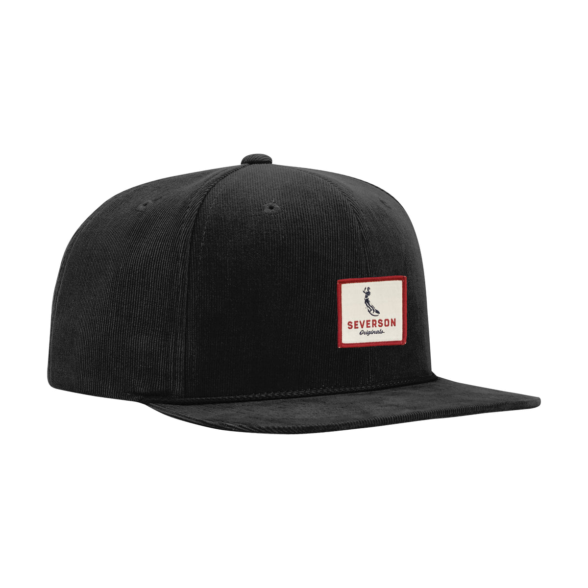 Mens snapback corduroy hat in black with Severson Originals logo in red, white and blue square patch.