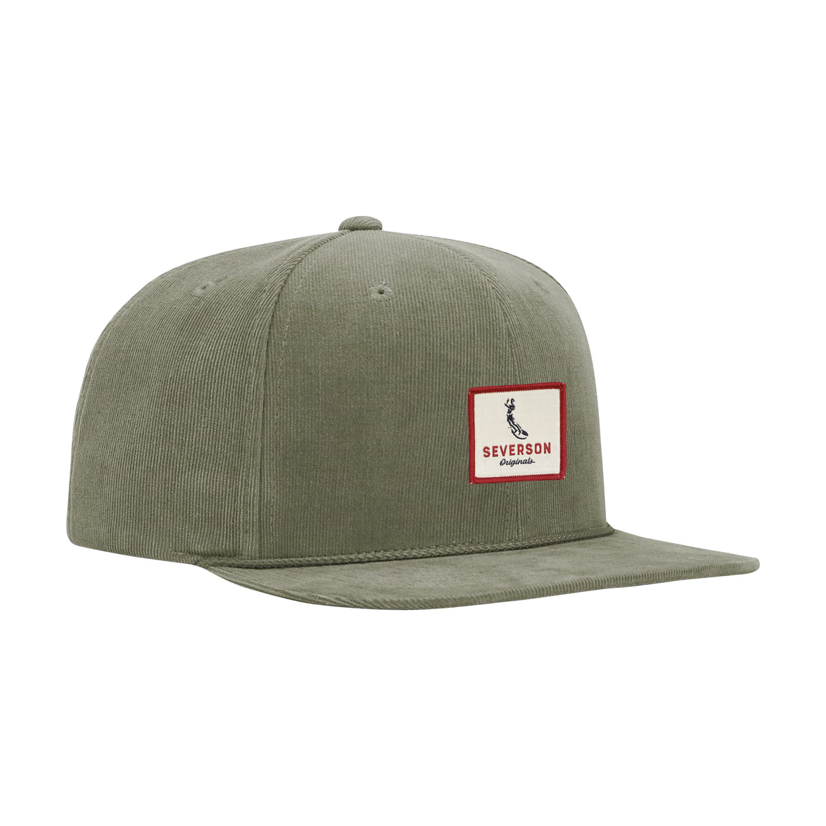 Mens snapback corduroy hat in olive green with Severson Originals logo in red, white and blue square patch.