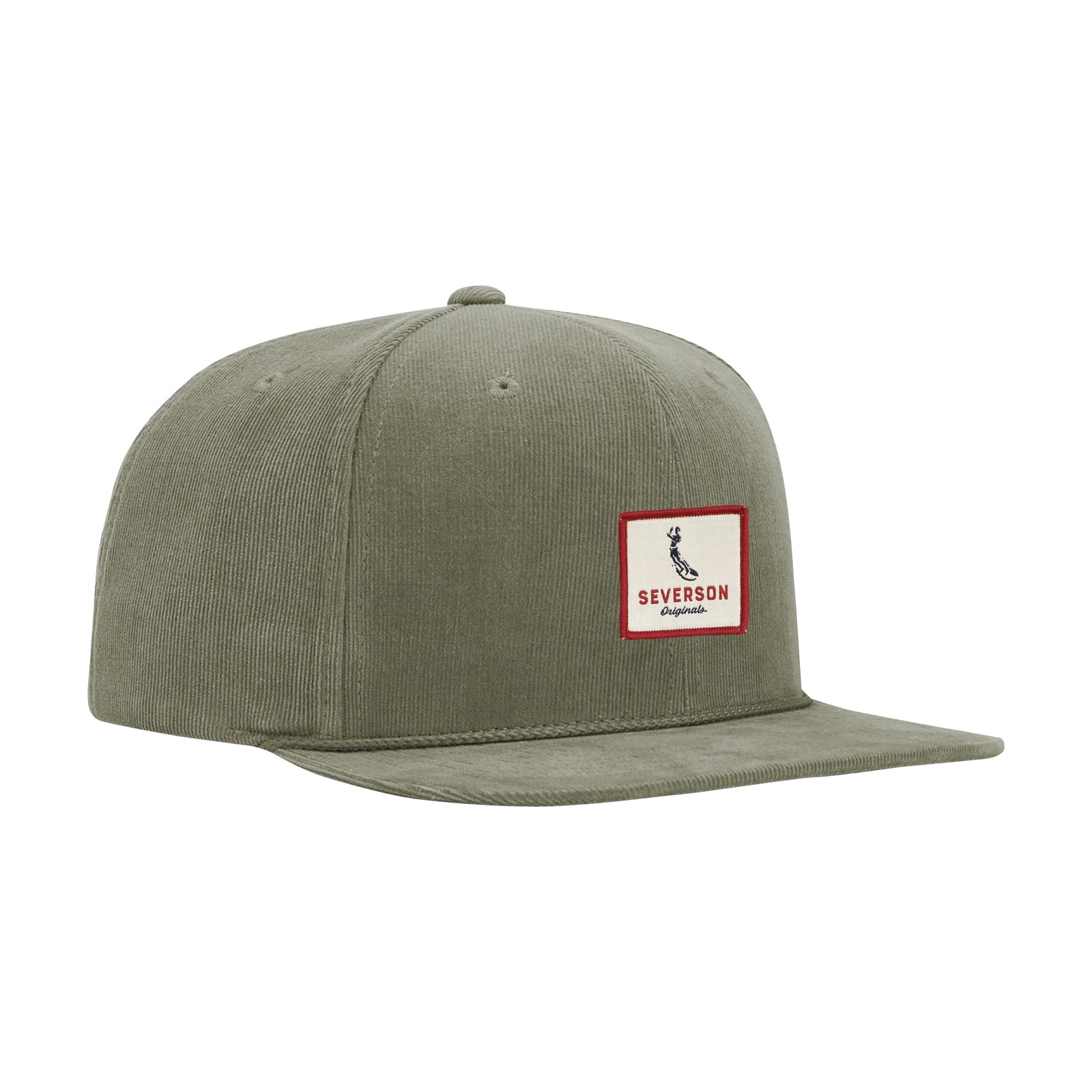 Mens snapback corduroy hat in olive green with Severson Originals logo in red, white and blue square patch.