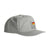 Light weight nylon surf hat in light grey with printed graphic of linear seagull and sun with severson text below. Design is 3 colors.