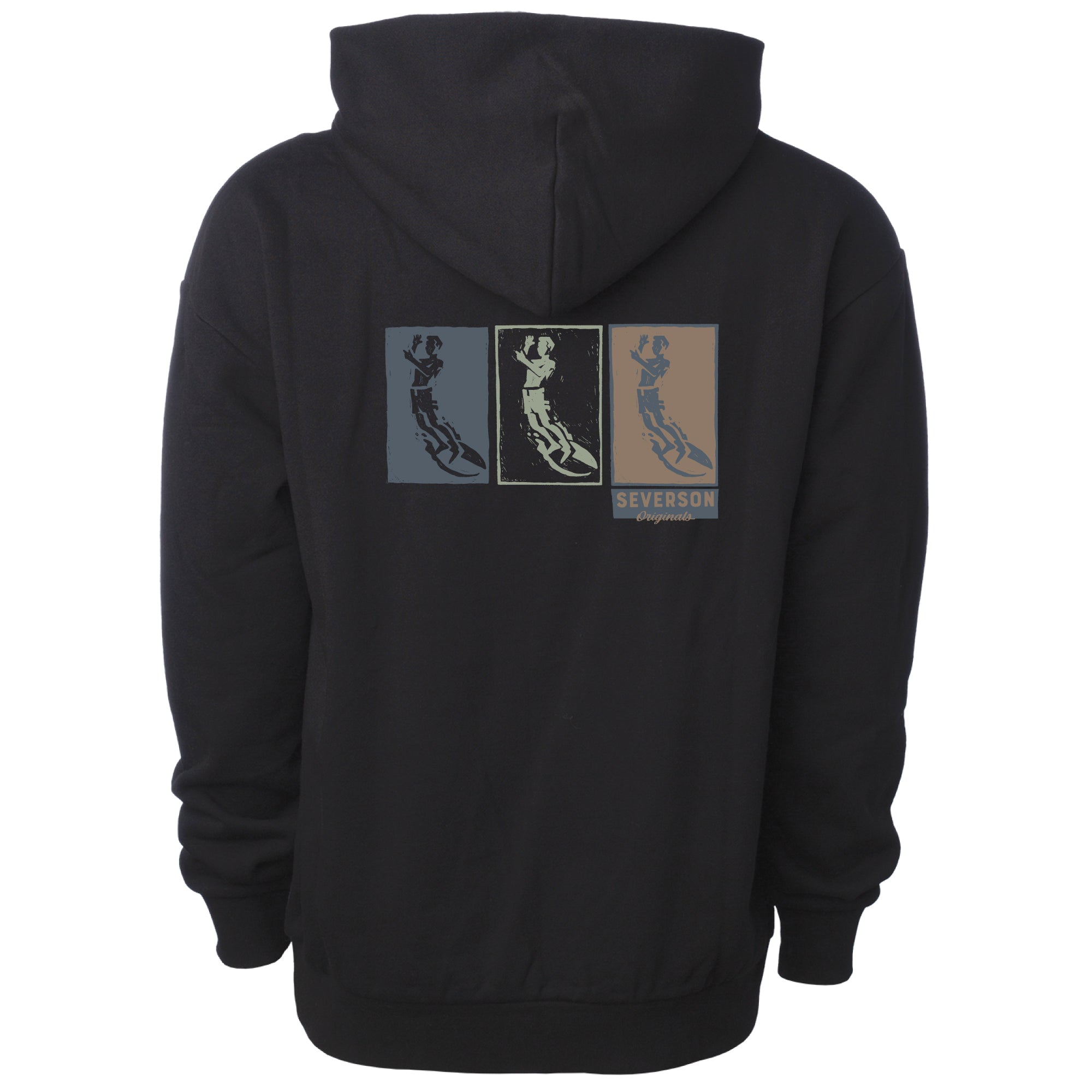 Back of Mens pullover hoodie in black. Severson surfer icon in 3 color variations with small Severson text in right corner. Design is done in block print technique by Ben Severson.