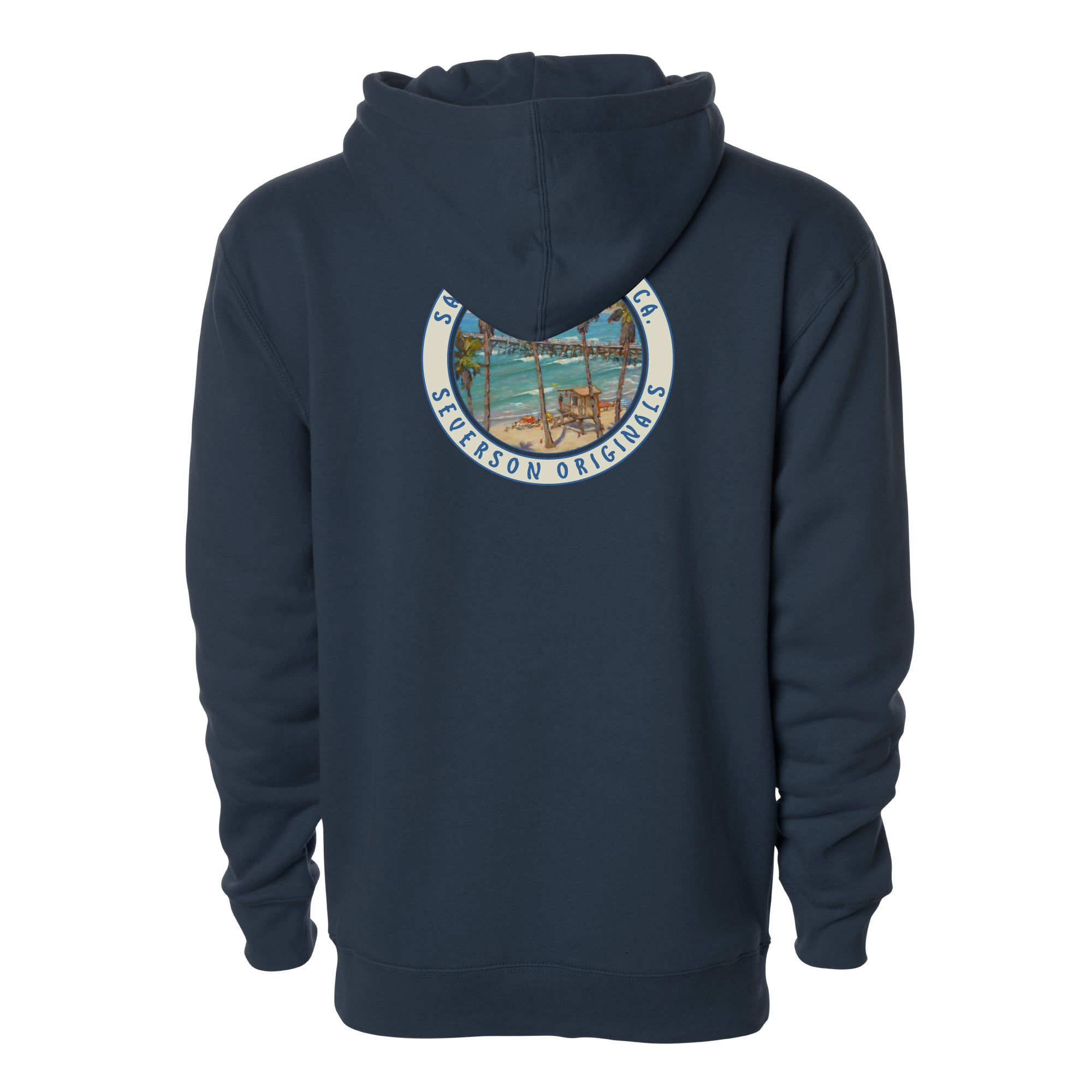 Back of hoodie in navy. Circular design with painting of San Clemente pier. Text around border reading san clemente and severson originals.