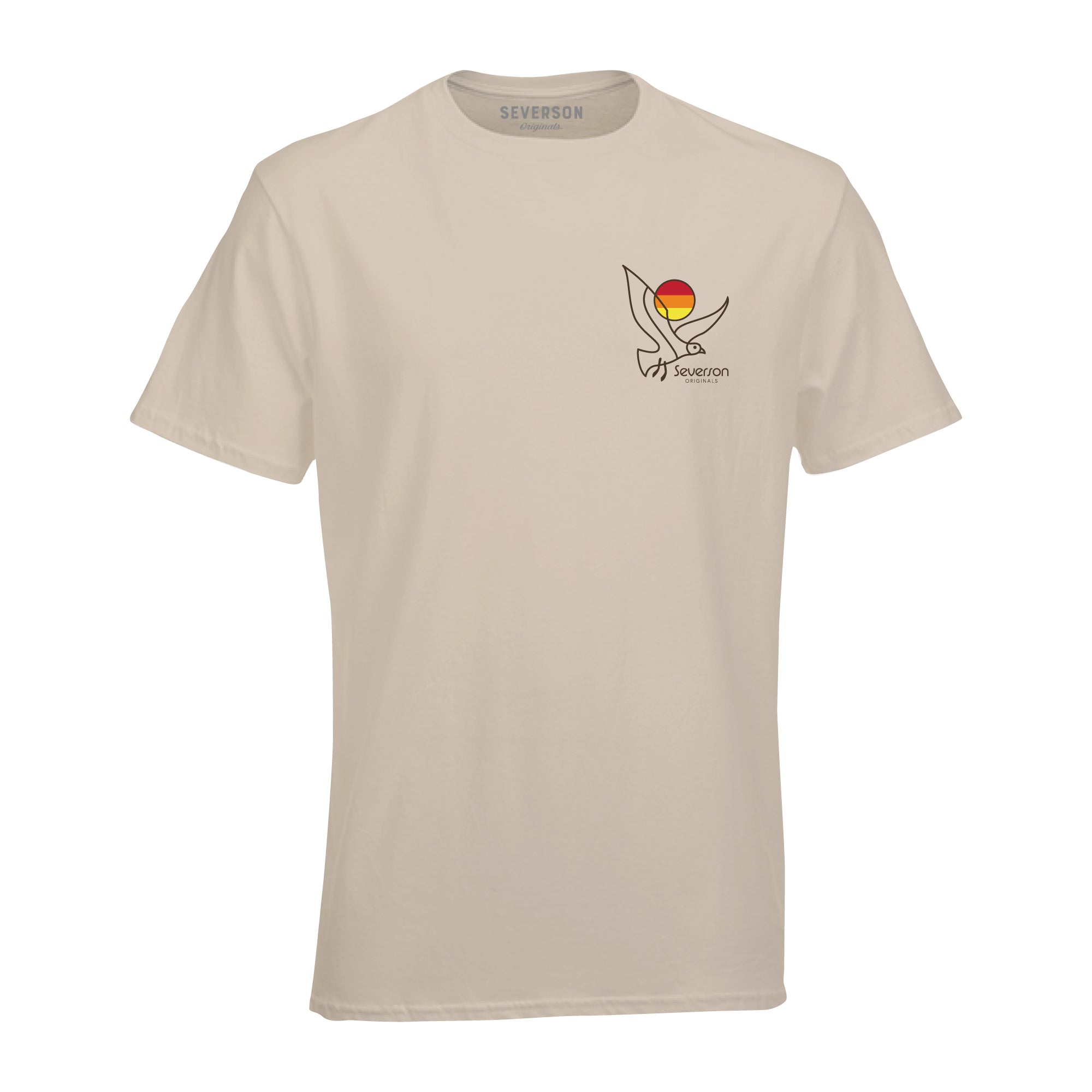 Front of mens t-shirt in sand. Left chest graphic of linear seagull and sun with severson text below. Design is 3 colors.