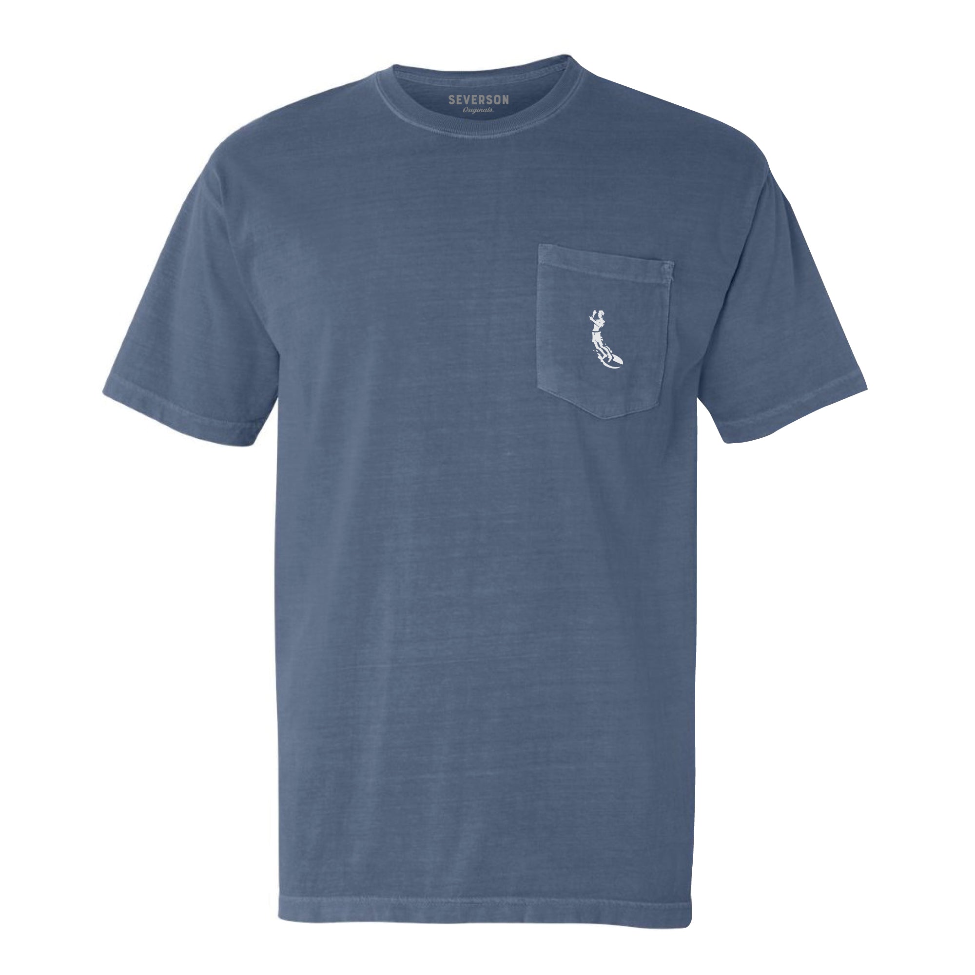 Front view of mens garment dyed pocket tee in blue, with severson surfer icon embroidered on left pocket.