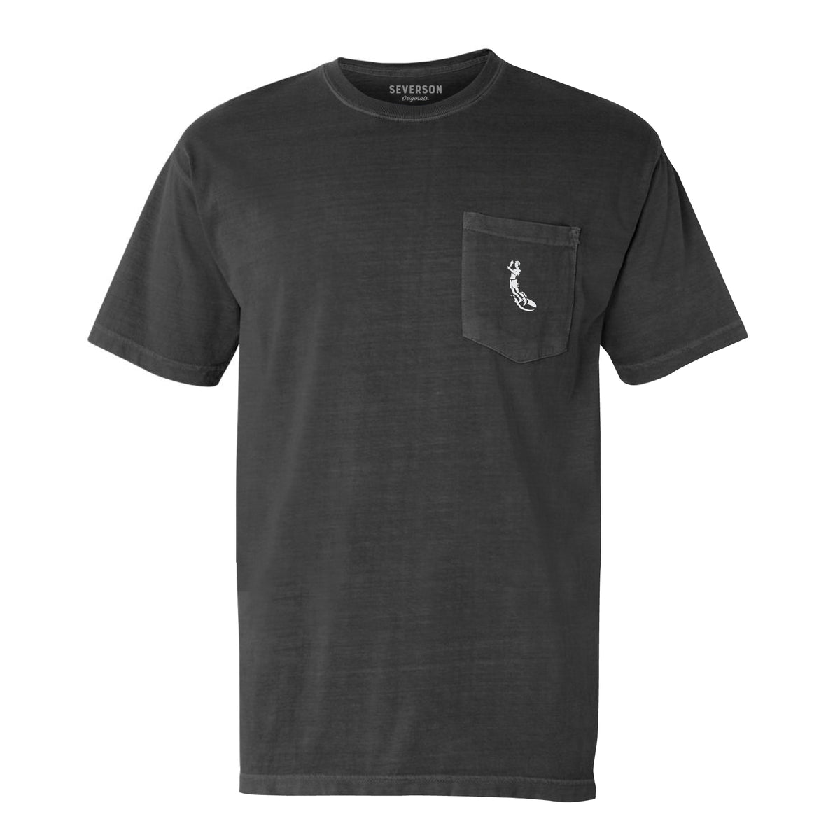 Front view of mens garment dyed pocket tee in charcoal, with severson surfer icon embroidered on left pocket.