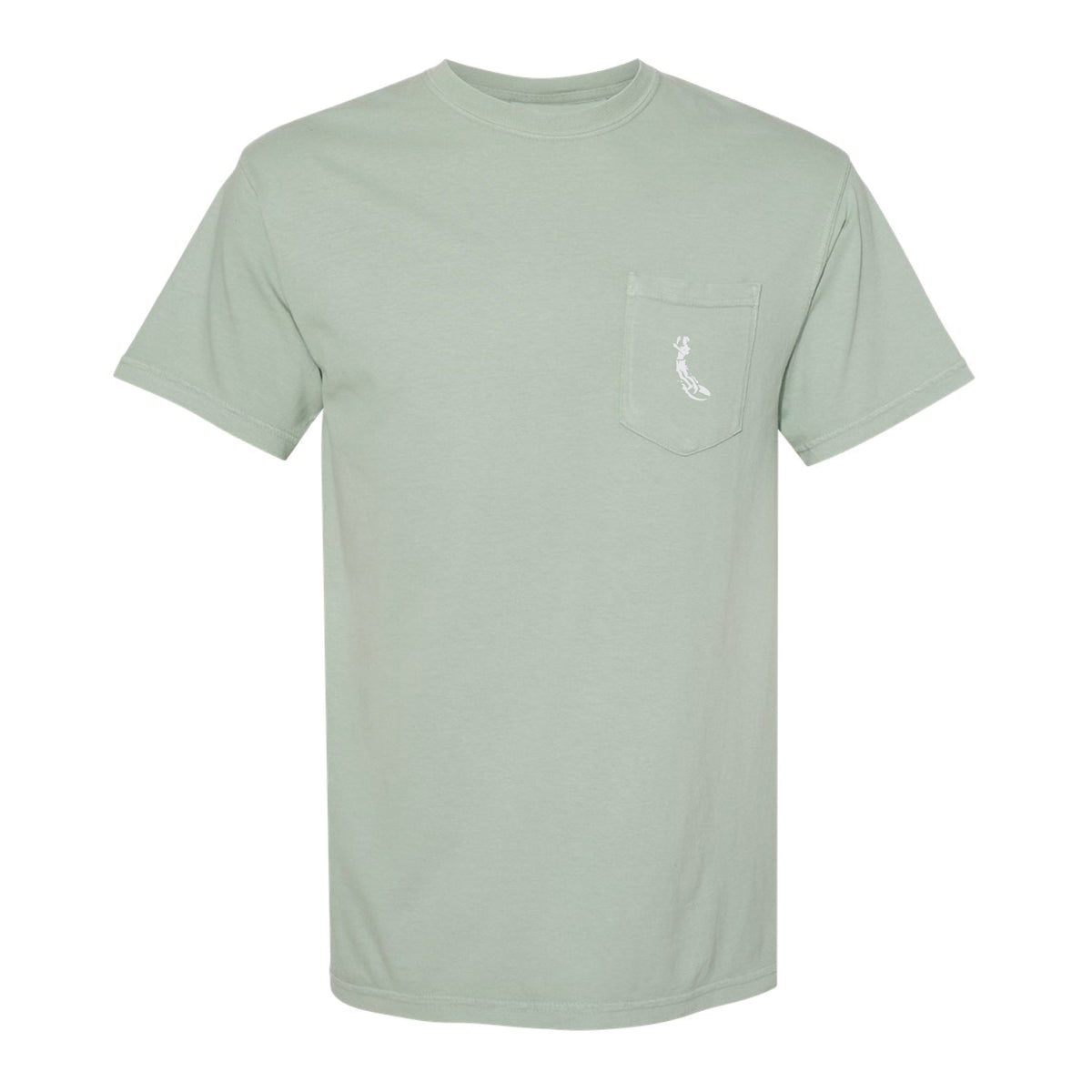 Front view of mens garment dyed pocket tee in sage green, with severson surfer icon embroidered on left pocket.