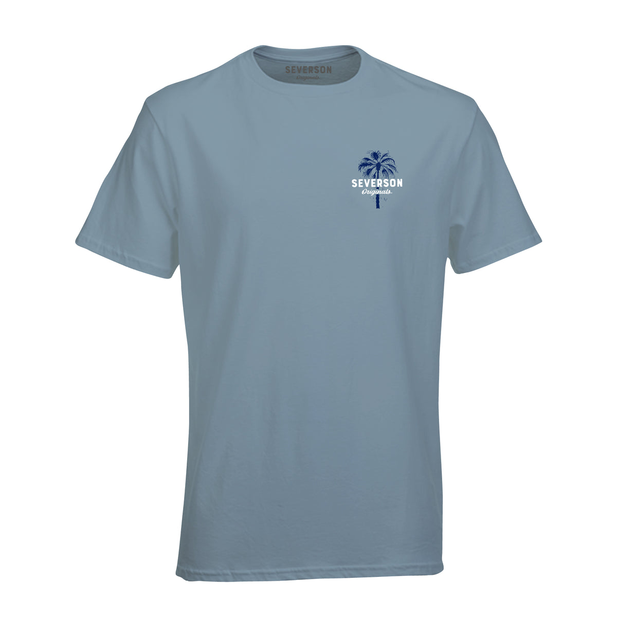 Front of mens t-shirt in Saltwater blue. Front left chest design in white and blue image palm tree with severson text on top