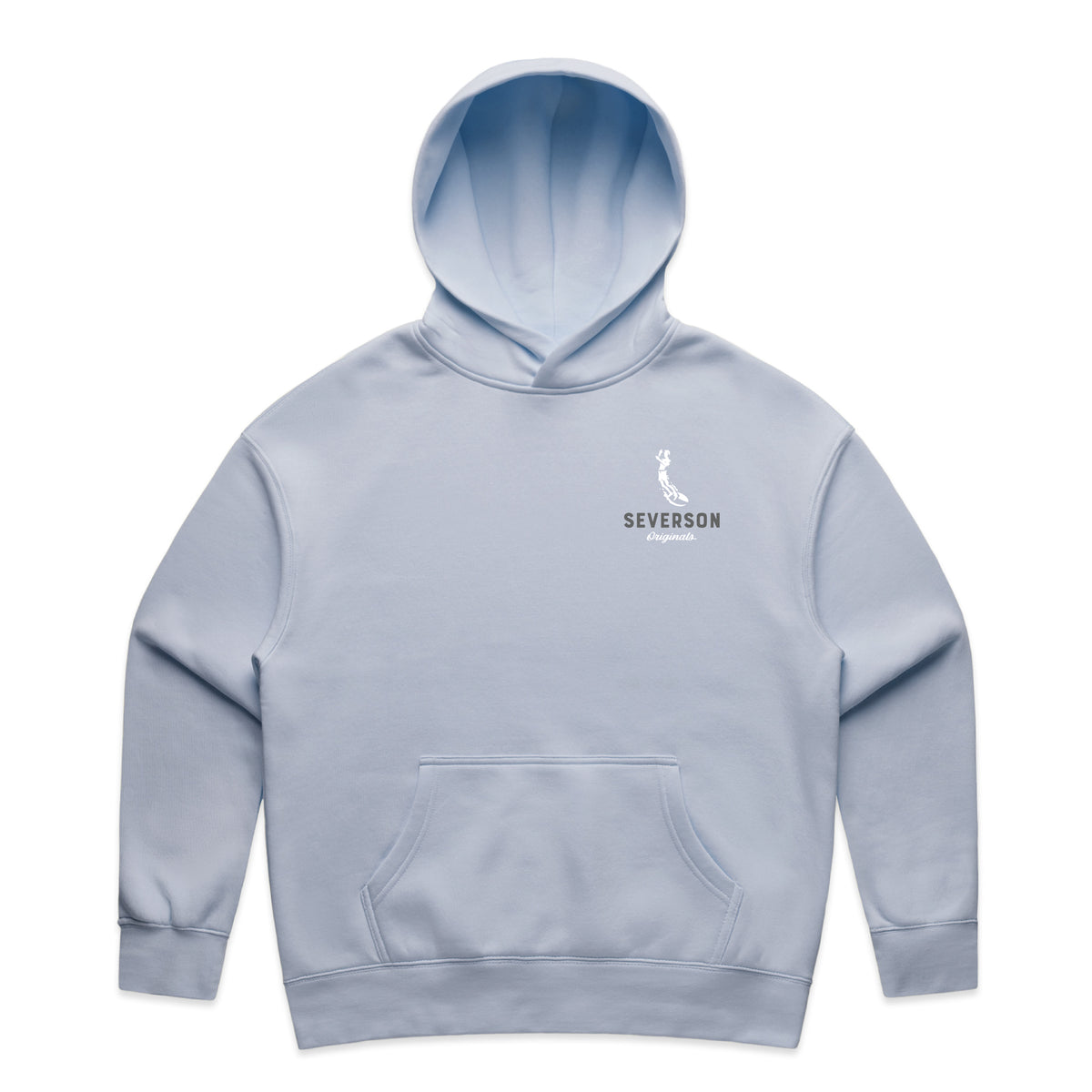The classic Severson Originals logo. Our surfer icon with Severson text below. small on front left chest. powder blue pullover hooded sweatshirt for women.