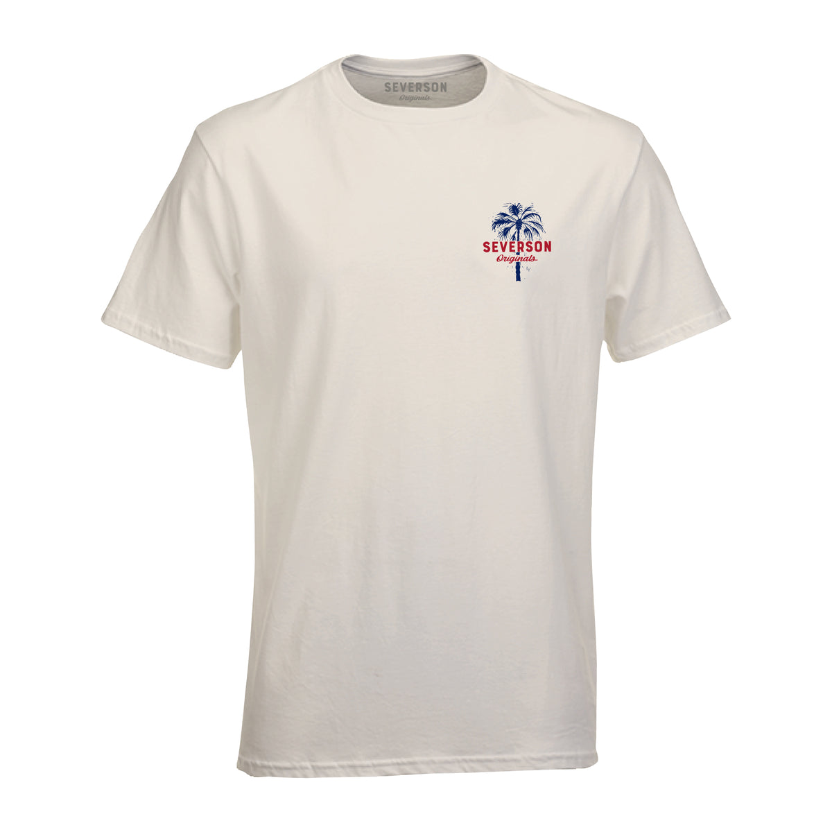Front of mens t-shirt in Vintage white. Front left chest design in red and blue image palm tree with severson text on top