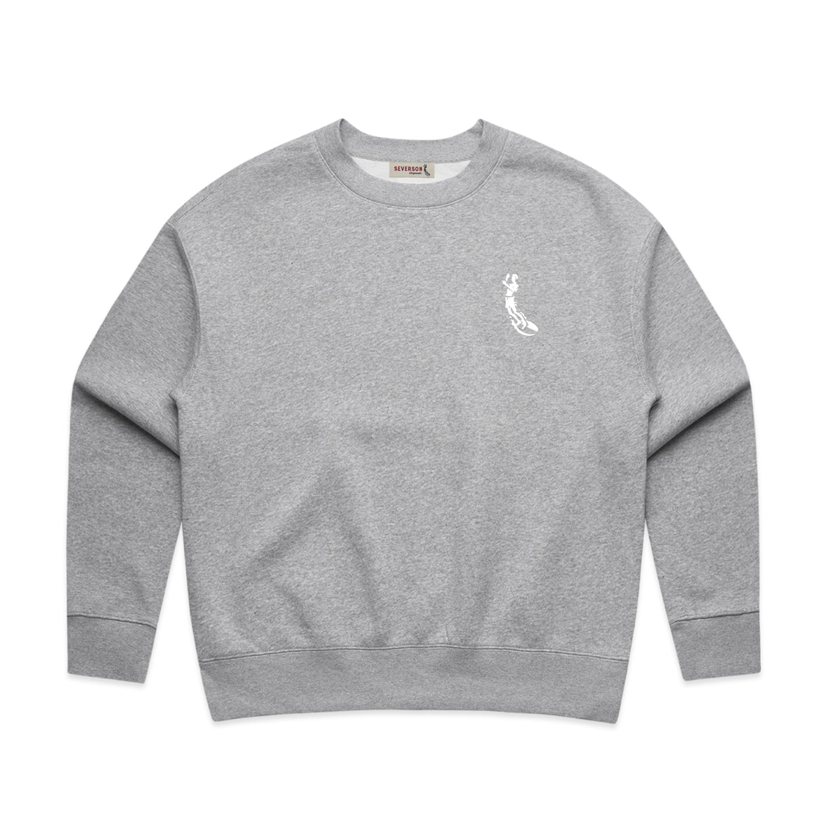 Severson surfer icon embroidery in white on front left chest. grey heather crew neck sweatshirt.