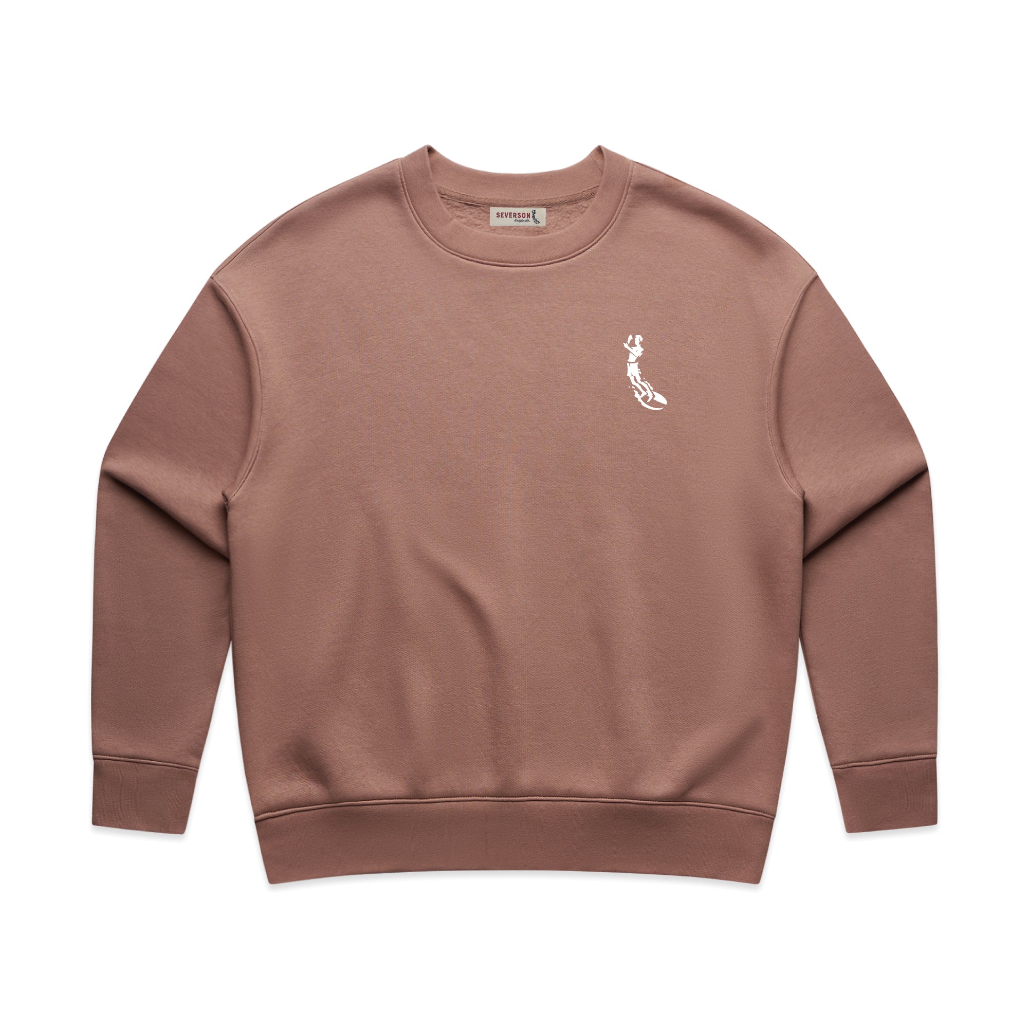 Severson surfer icon embroidery in white on front left chest. Hazy Pink crew neck sweatshirt.