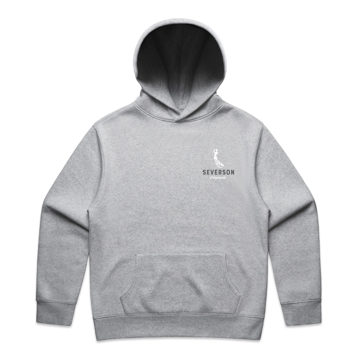 The classic Severson Originals logo. Our surfer icon with Severson text below. small on front left chest. grey heather pullover hooded sweatshirt for women.