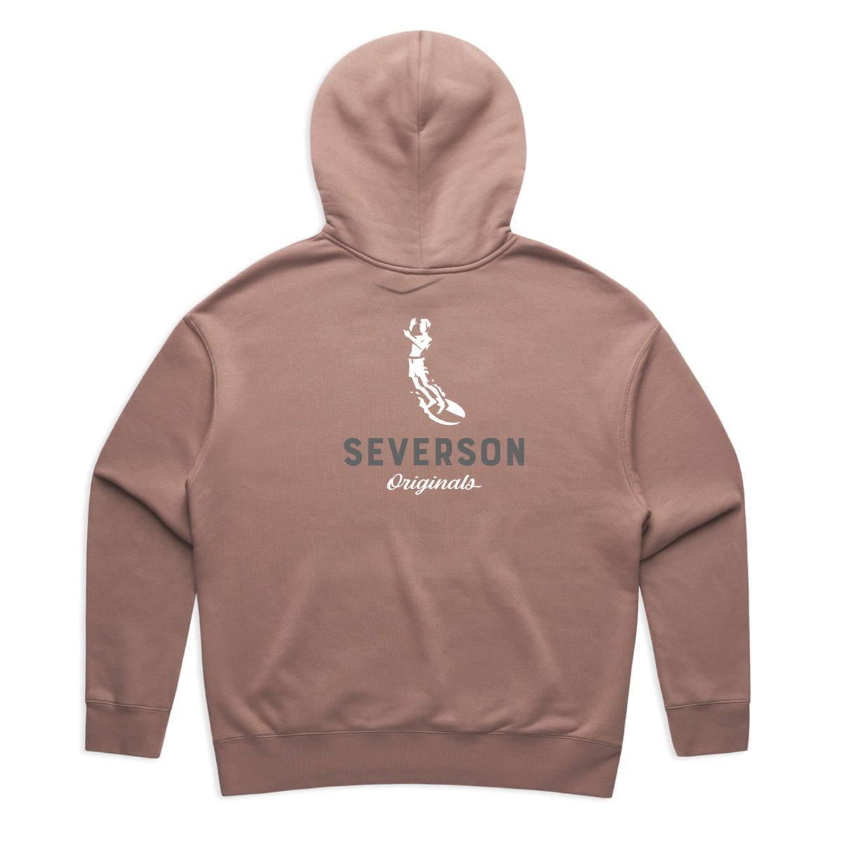 The classic Severson Originals logo. Our surfer icon with Severson text below. Hazy Pink pullover hooded sweatshirt for women.