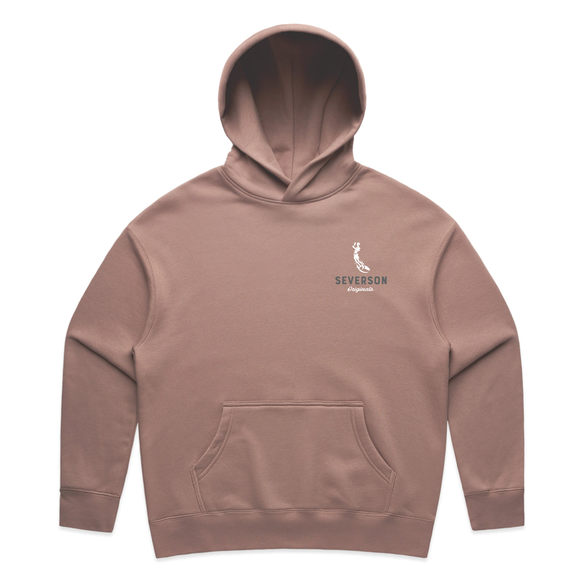 The classic Severson Originals logo. Our surfer icon with Severson text below. small on front left chest. Hazy pink pullover hooded sweatshirt for women.