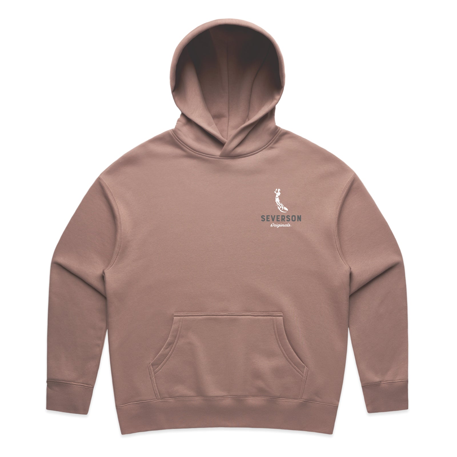 The classic Severson Originals logo. Our surfer icon with Severson text below. small on front left chest. Hazy pink pullover hooded sweatshirt for women.