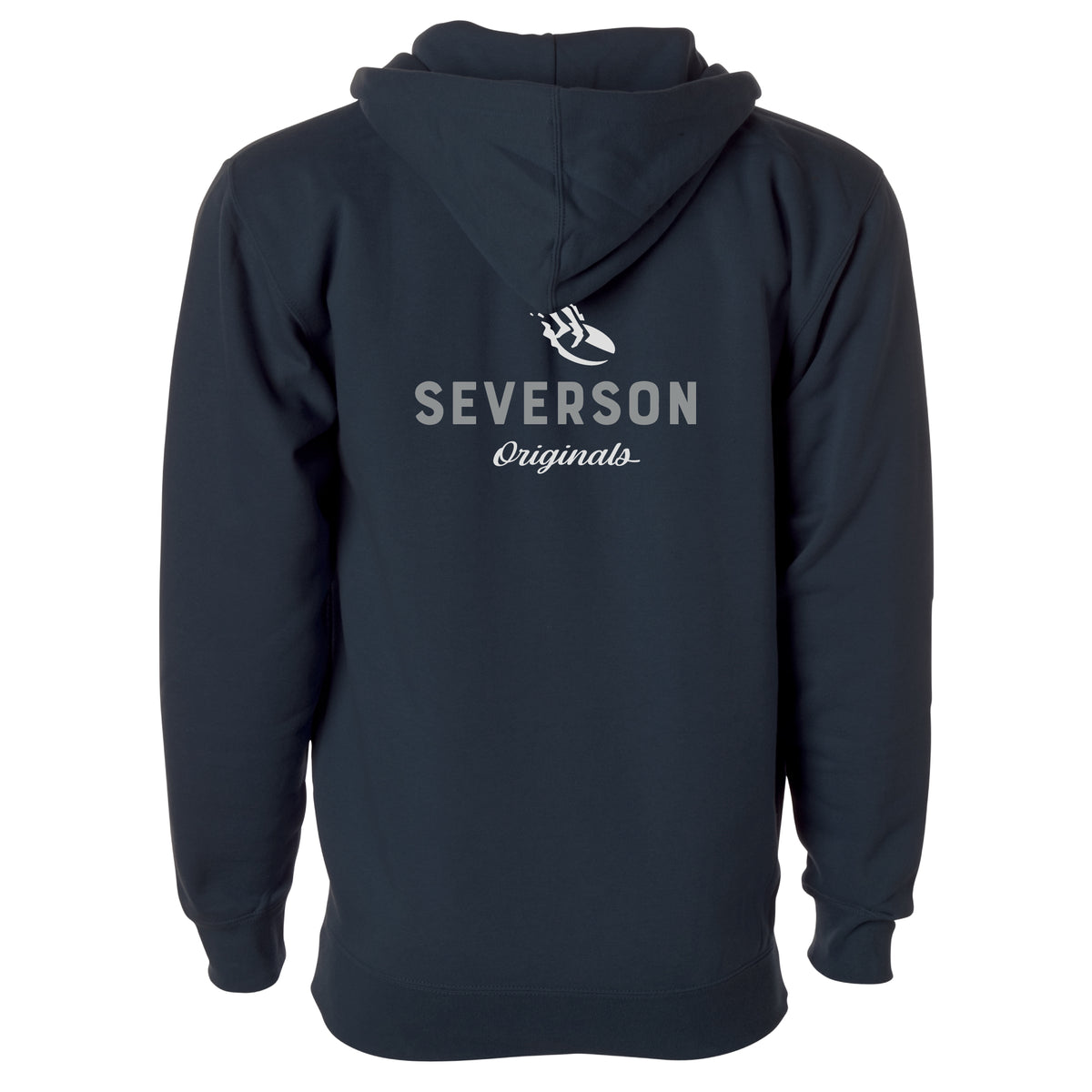The classic Severson Originals logo. Our surfer icon with Severson text below. navy zip hooded sweatshirt.