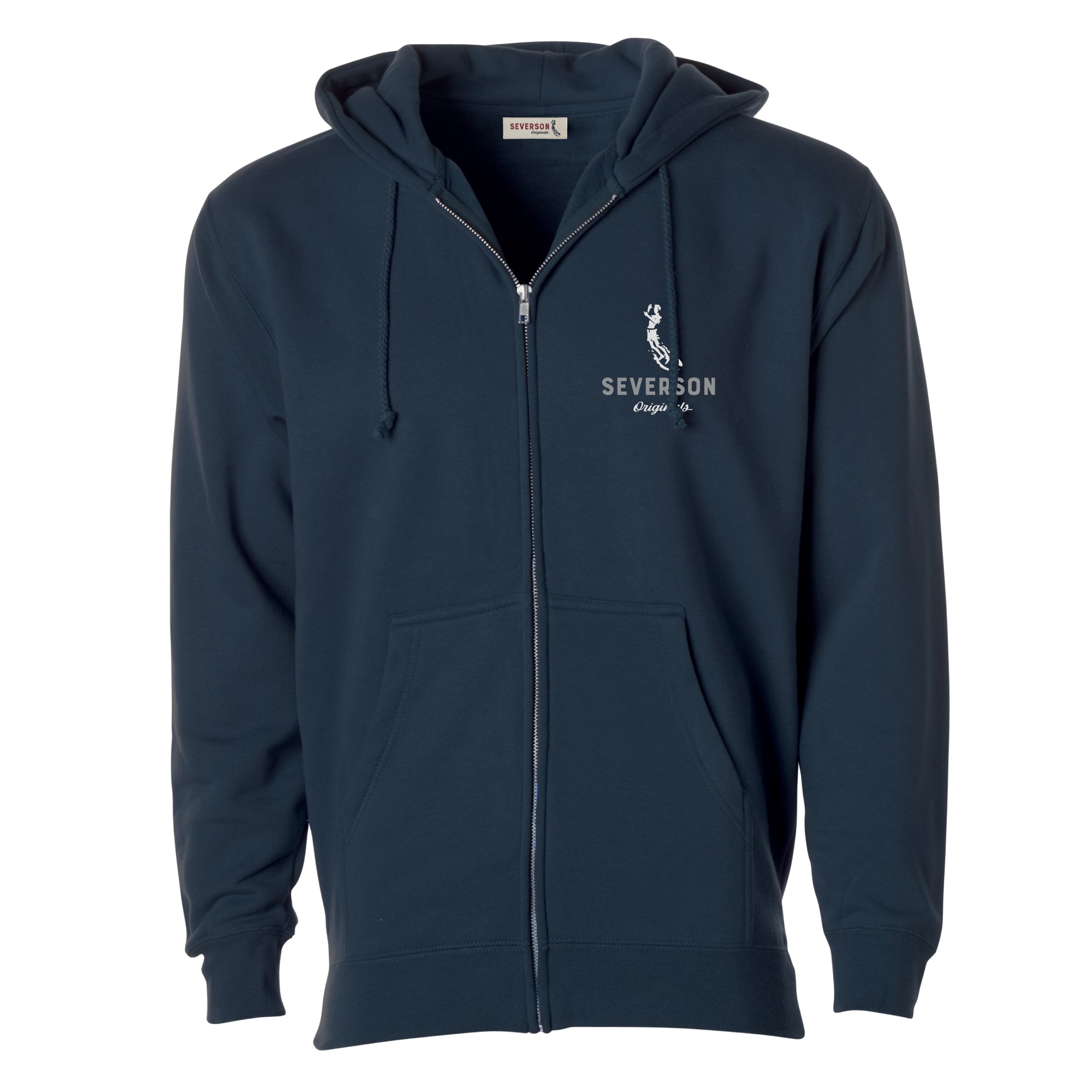 The classic Severson Originals logo. Our surfer icon with Severson text below. small on front left chest. navy zip hooded sweatshirt.