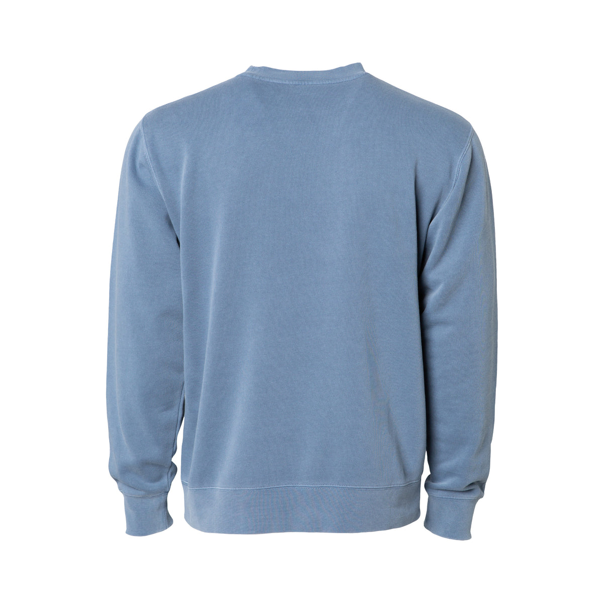 Back of mens crew neck sweatshirt in slate blue. no design on backside.
