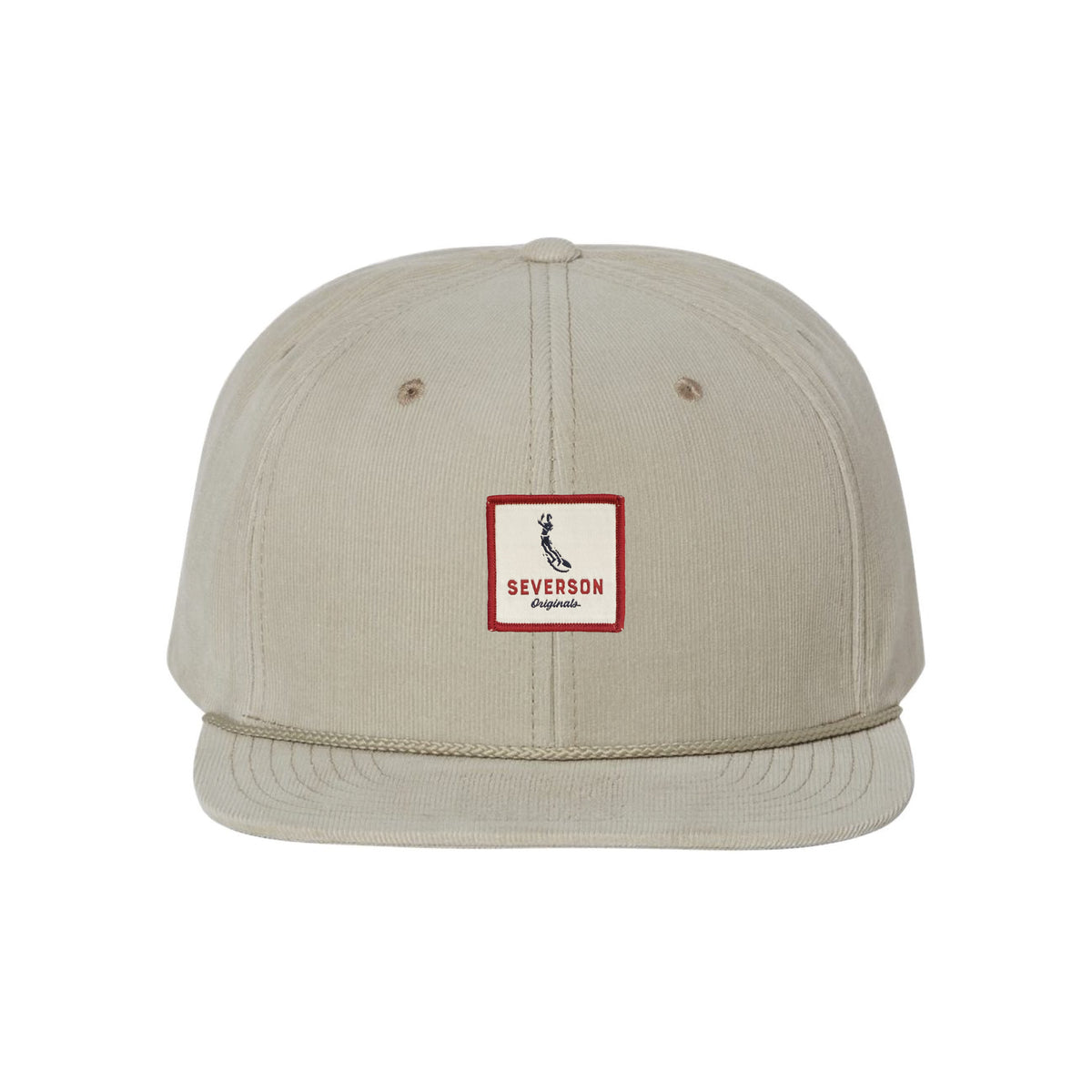 Mens snapback corduroy hat in khaki with Severson Originals logo in red, white and blue square patch.