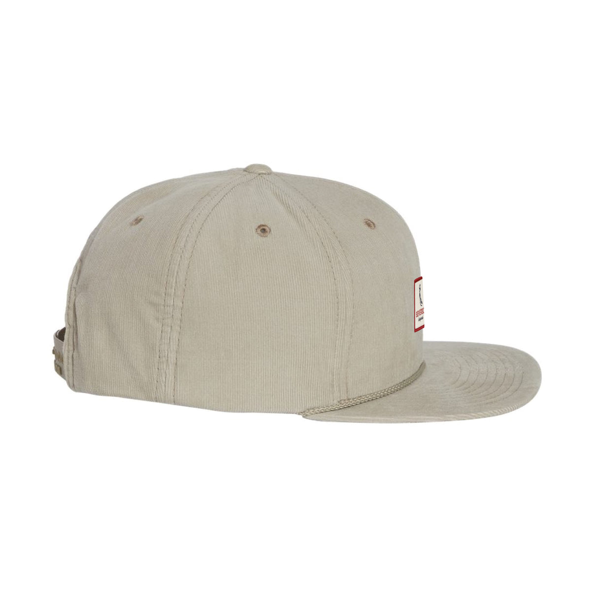 side view of Mens snapback corduroy hat in khaki with Severson Originals logo in red, white and blue square patch.