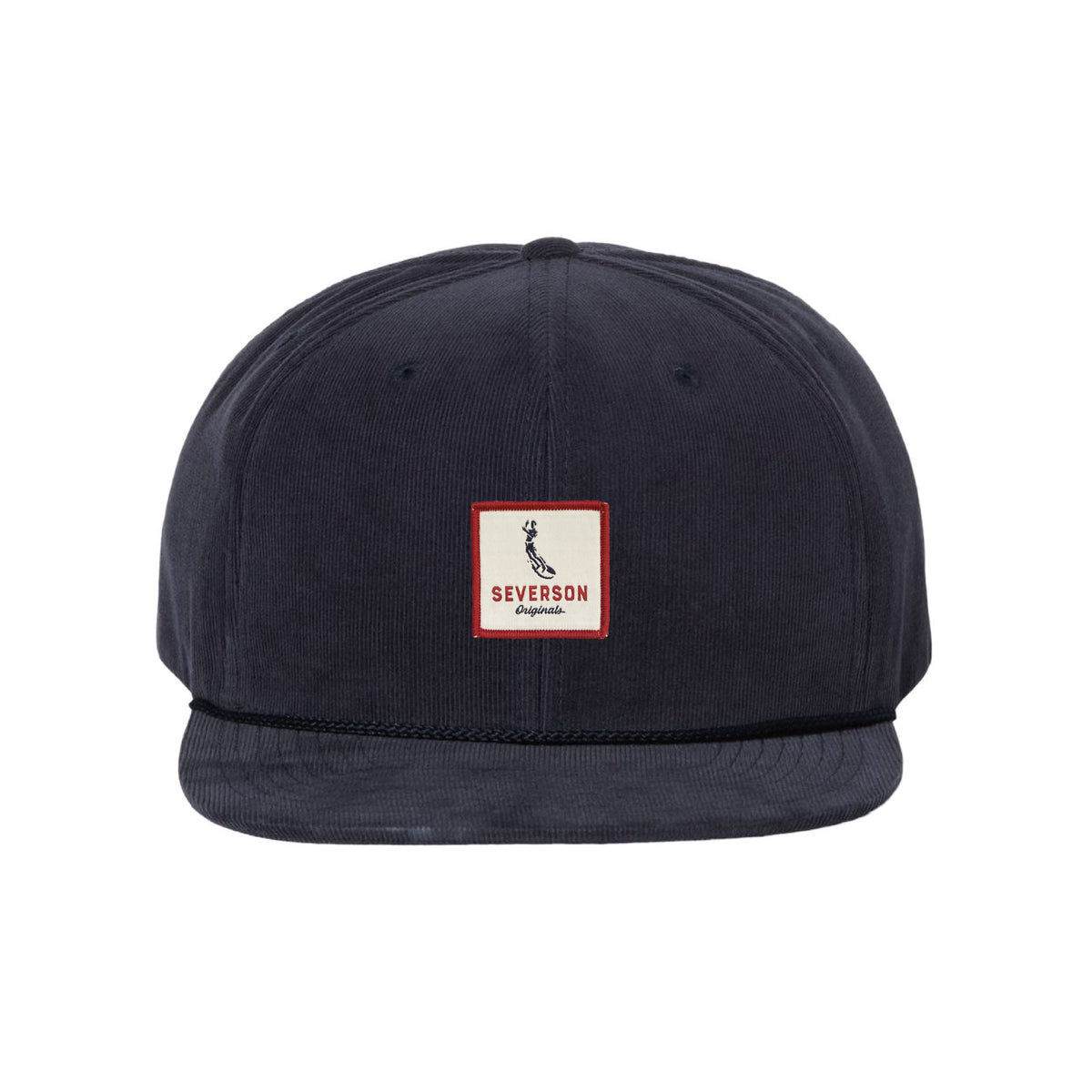 Mens snapback corduroy hat in navy with Severson Originals logo in red, white and blue square patch.