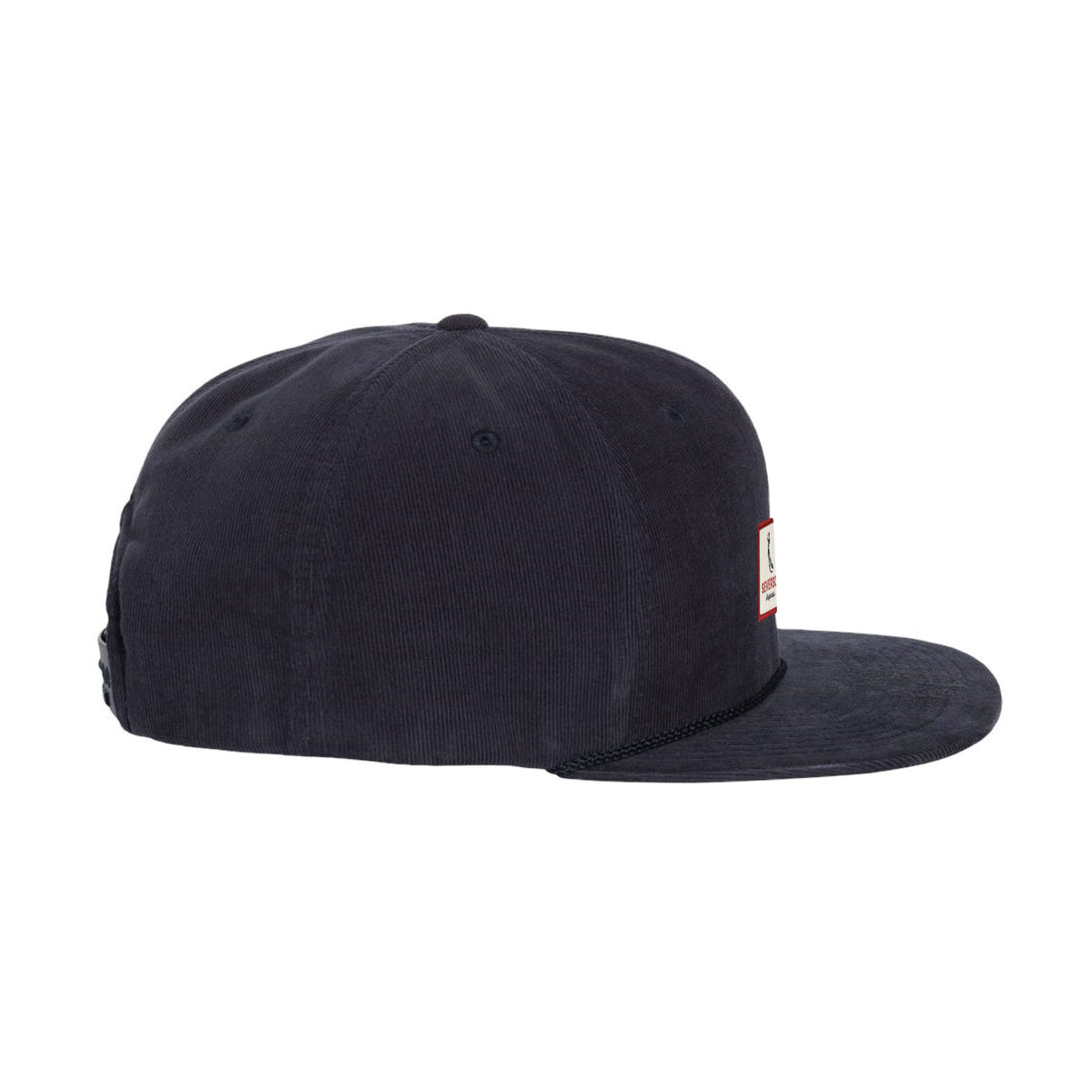 Sideview of Mens snapback corduroy hat in navy with Severson Originals logo in red, white and blue square patch.