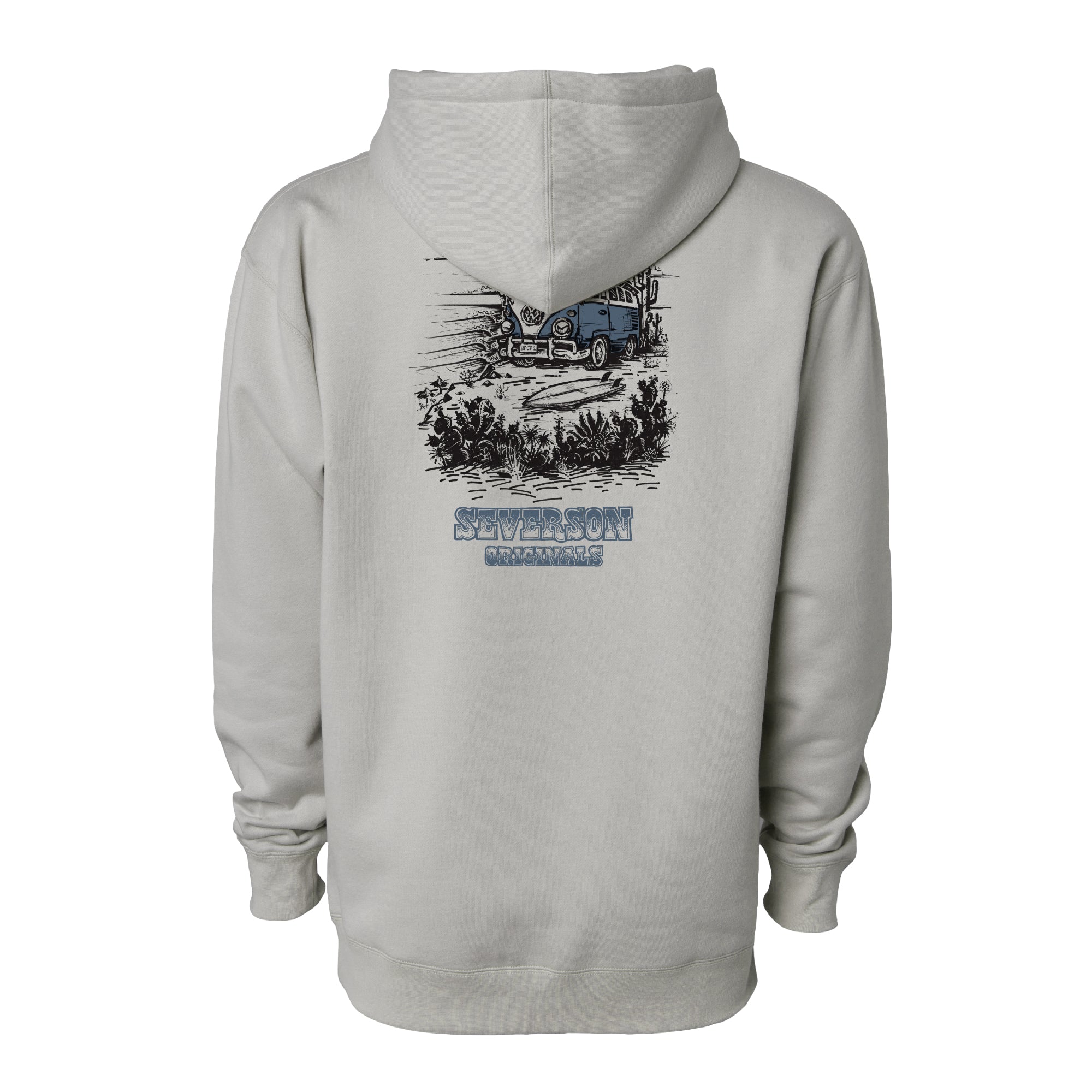 Back of mens Hoodie in Smoke (light grey). Design is handrawn of a vintage VW bus in Mexico, with waves, surfboards and cactus. Also has Severson Originals text on bottom. Design is printed in Black and slate blue.