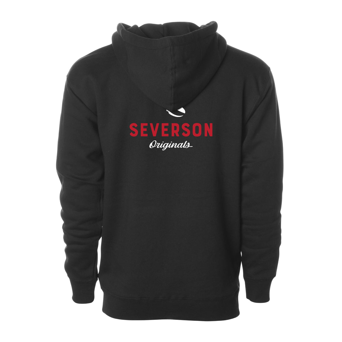 The classic Severson Originals logo. Our surfer icon with Severson text below. black pullover hooded sweatshirt.