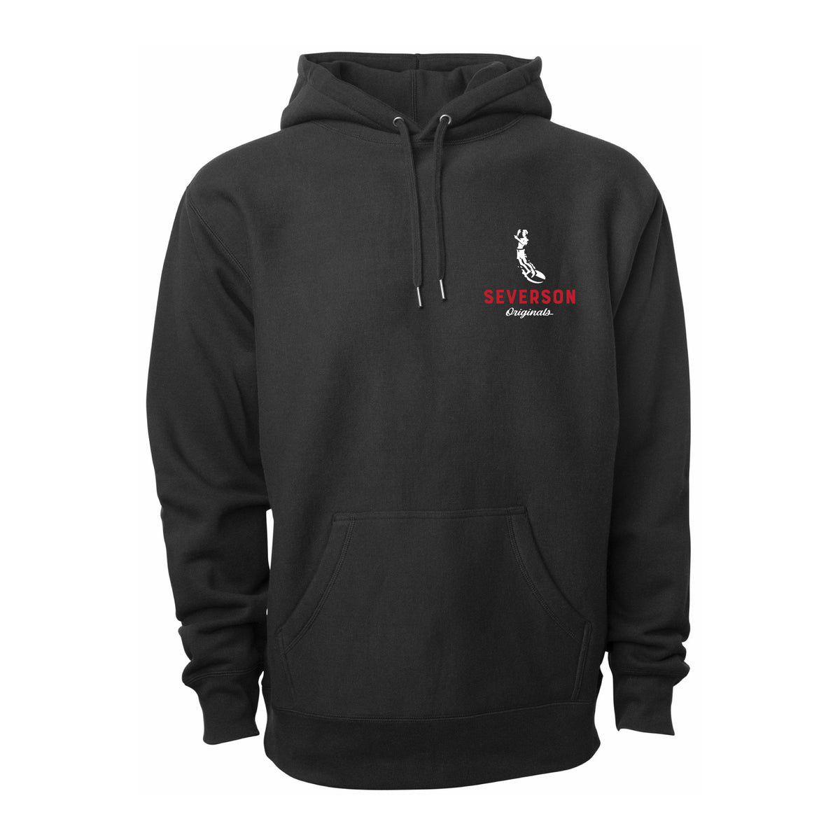 The classic Severson Originals logo. Our surfer icon with Severson text below. small on front left chest. black pullover hooded sweatshirt.