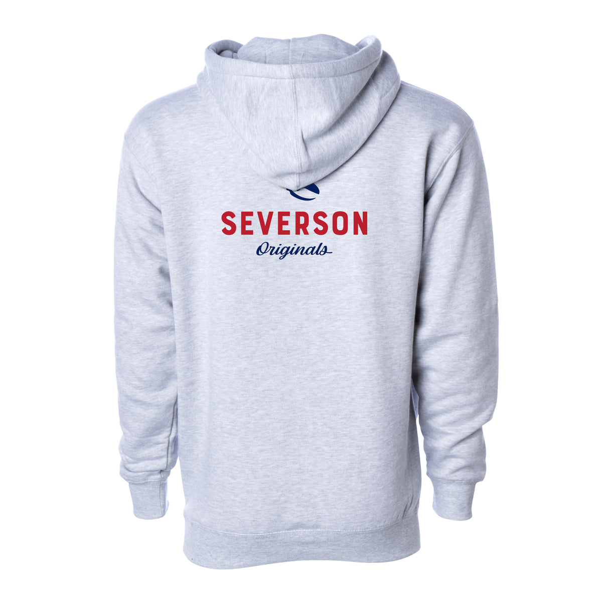 The classic Severson Originals logo. Our surfer icon with Severson text below. grey heather pullover hooded sweatshirt.