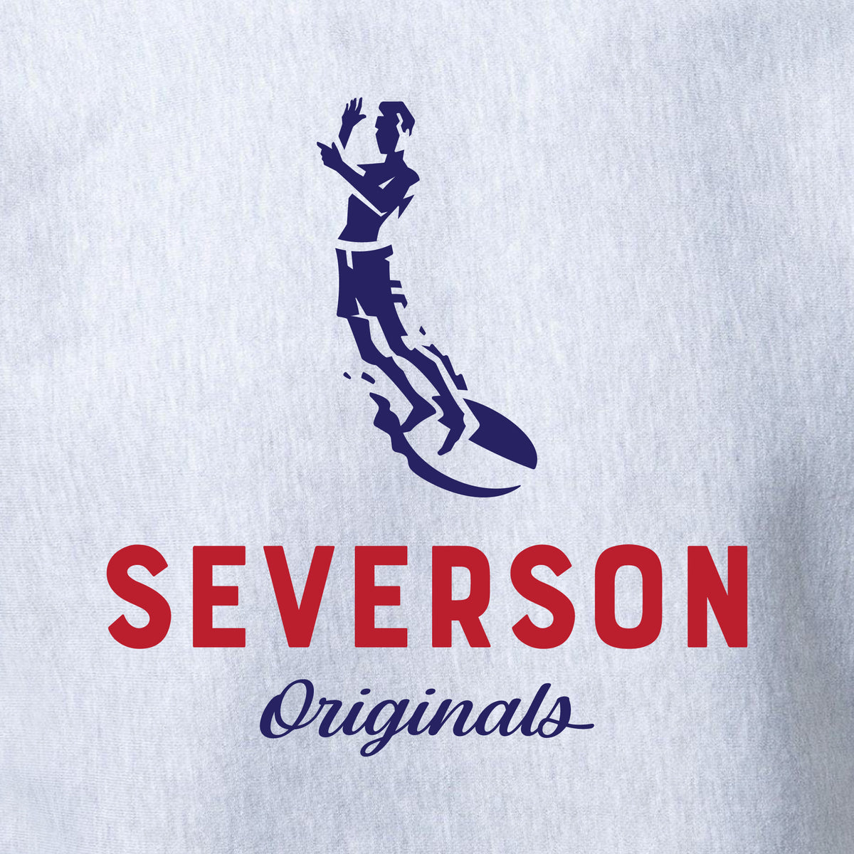 close up view of Severson logo on grey heather.