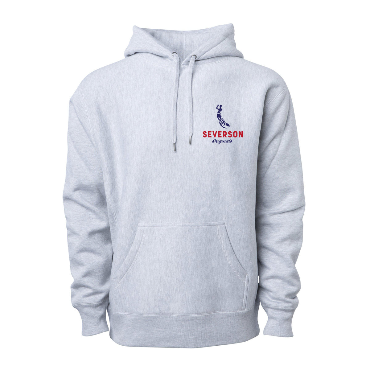 The classic Severson Originals logo. Our surfer icon with Severson text below. small on front left chest. grey heather pullover hooded sweatshirt.