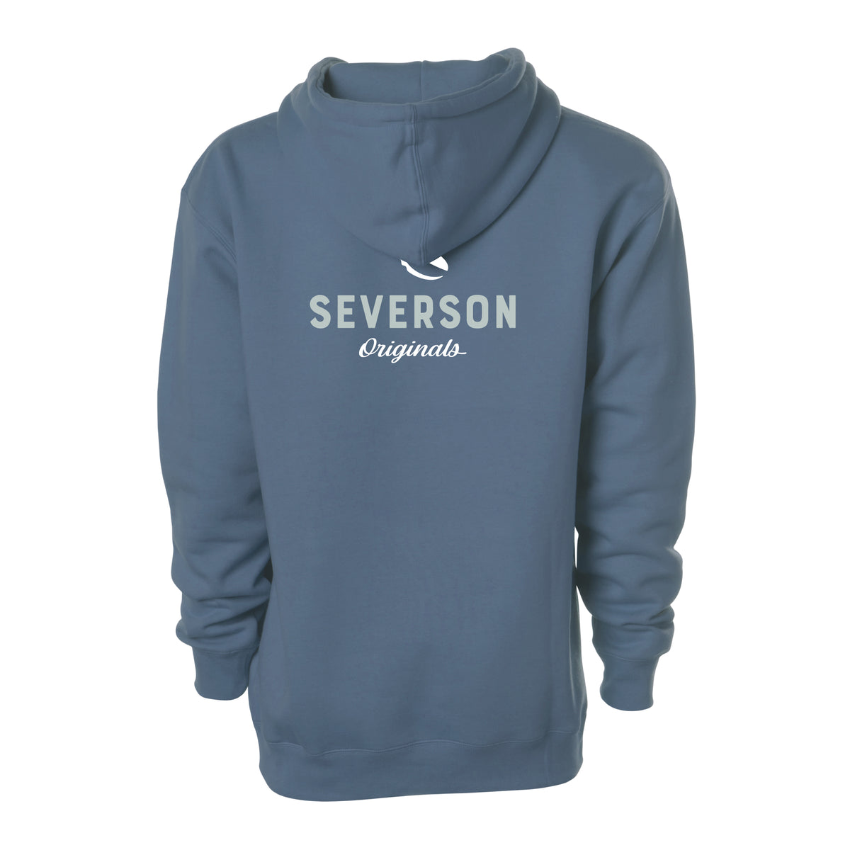 The classic Severson Originals logo. Our surfer icon with Severson text below. storm blue pullover hooded sweatshirt.