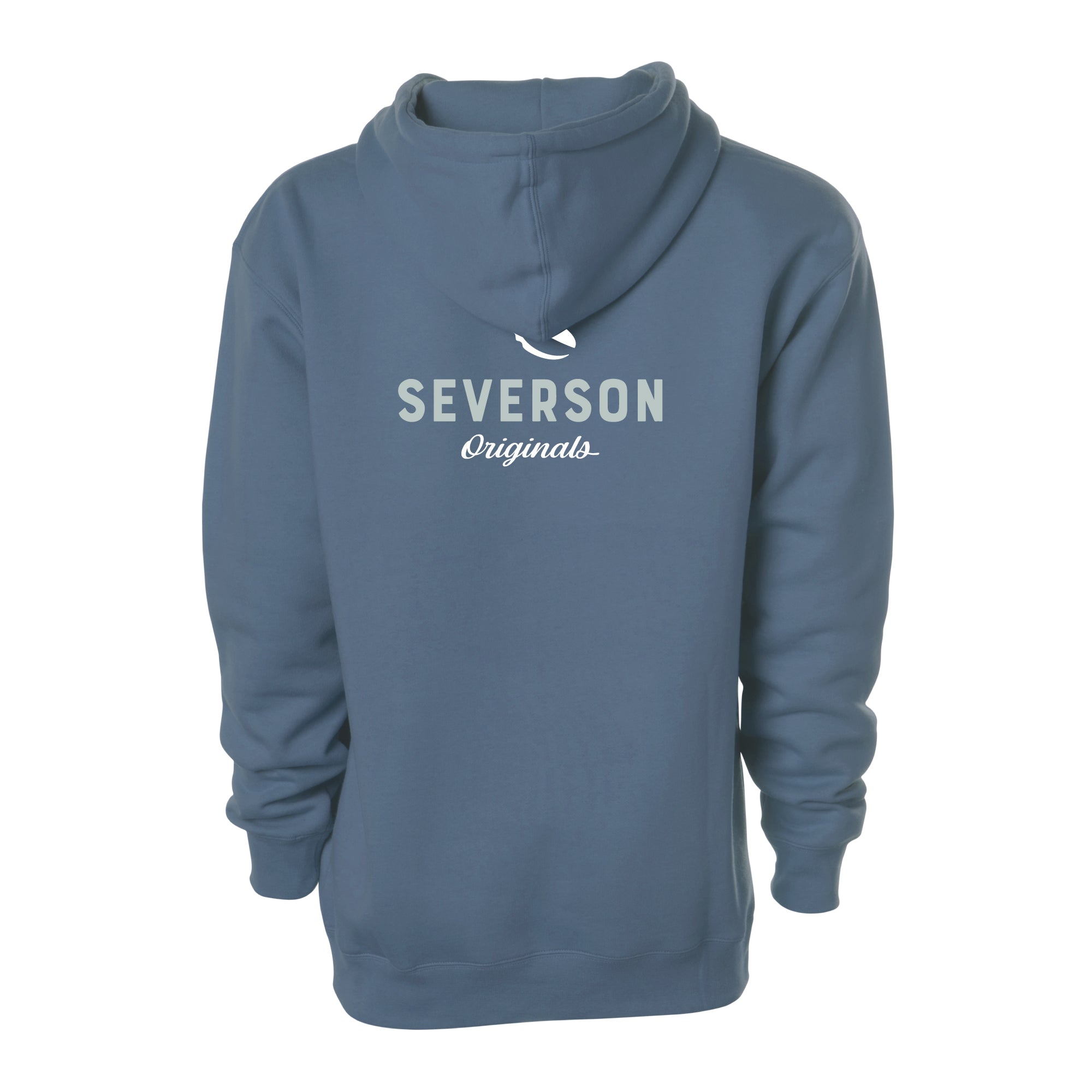 The classic Severson Originals logo. Our surfer icon with Severson text below. storm blue pullover hooded sweatshirt.