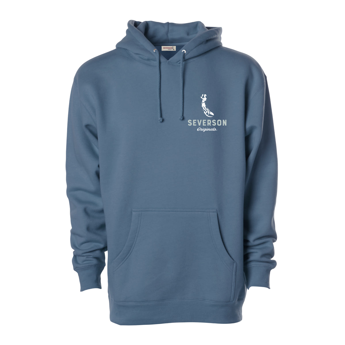 The classic Severson Originals logo. Our surfer icon with Severson text below. small on front left chest. storm blue pullover hooded sweatshirt.