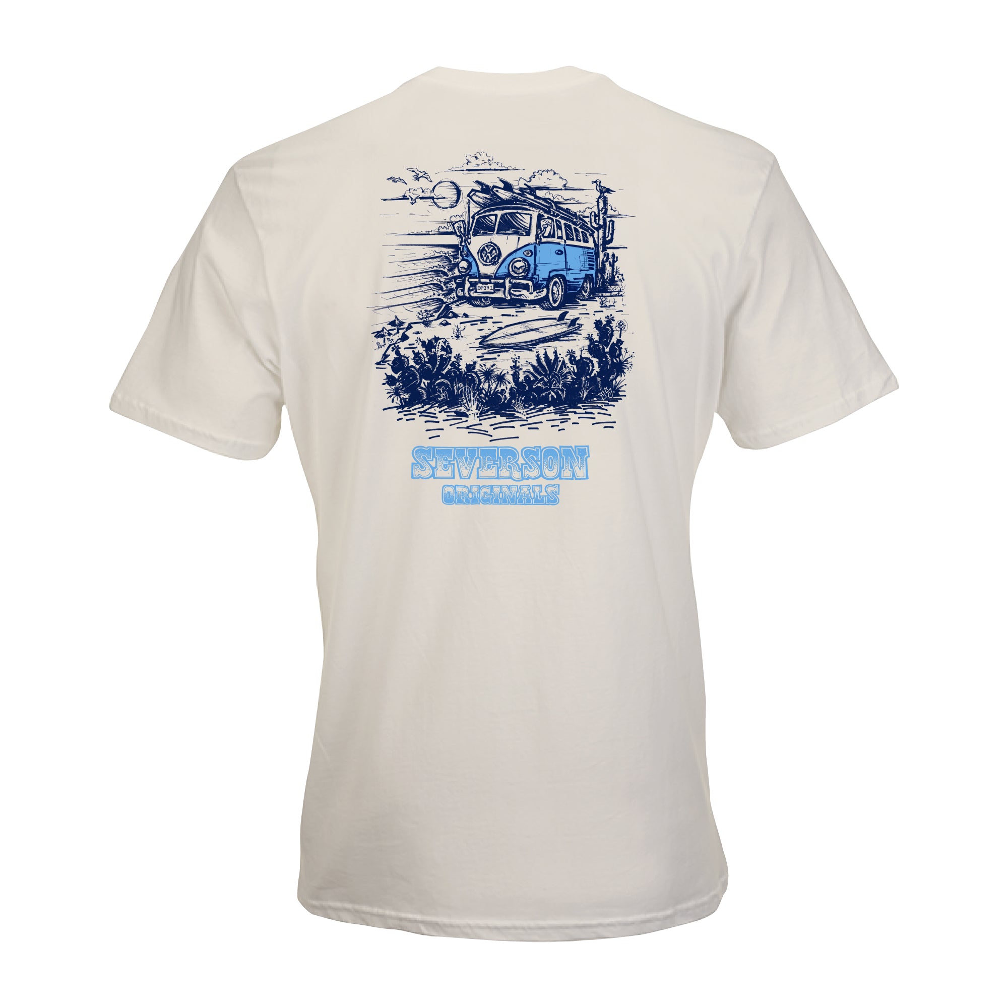 Back of mens t-shirt in White. Design is handrawn of a vintage VW bus in Mexico, with waves, surfboards and cactus. Also has Severson Originals text on bottom. Design is printed in Blue and light blue.