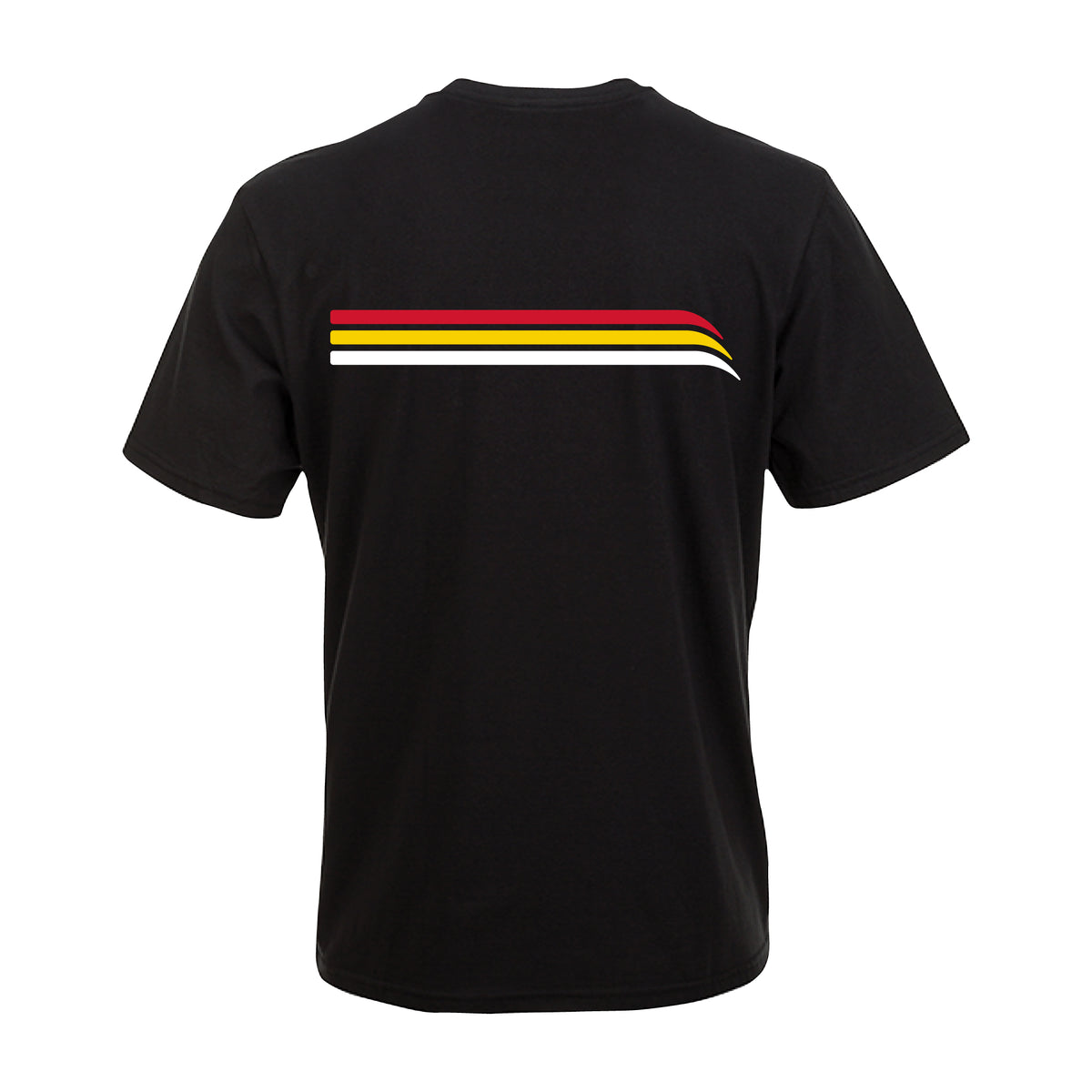 Back of mens t-shirt in black. 70’s style stripes in 3 colors going across back.