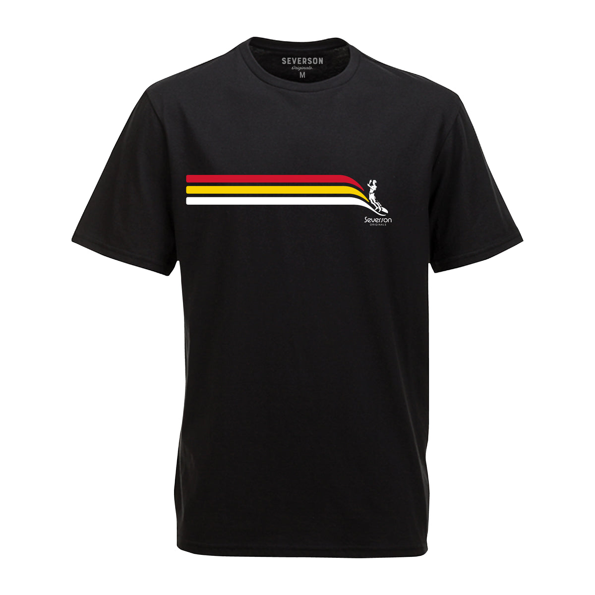 Front of mens t-shirt in black. 70’s style Front stripes in 3 colors with Severson surfer icon. 