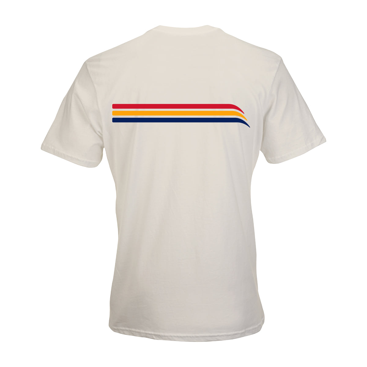 Back of mens t-shirt in vintage white. 70’s style stripes in 3 colors going across back.