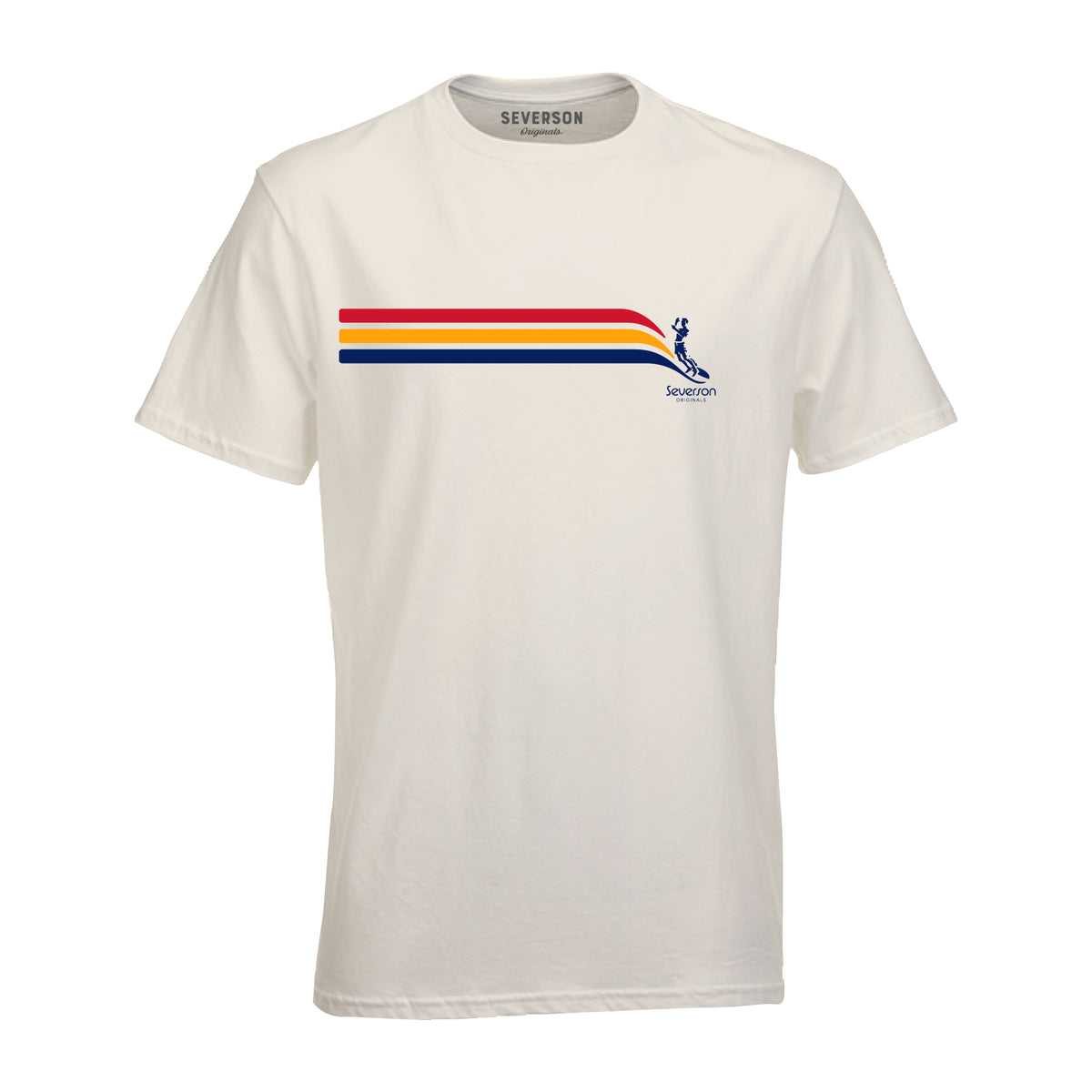 Front of mens t-shirt in vintage white. 70’s style Front stripes in 3 colors with Severson surfer icon. 