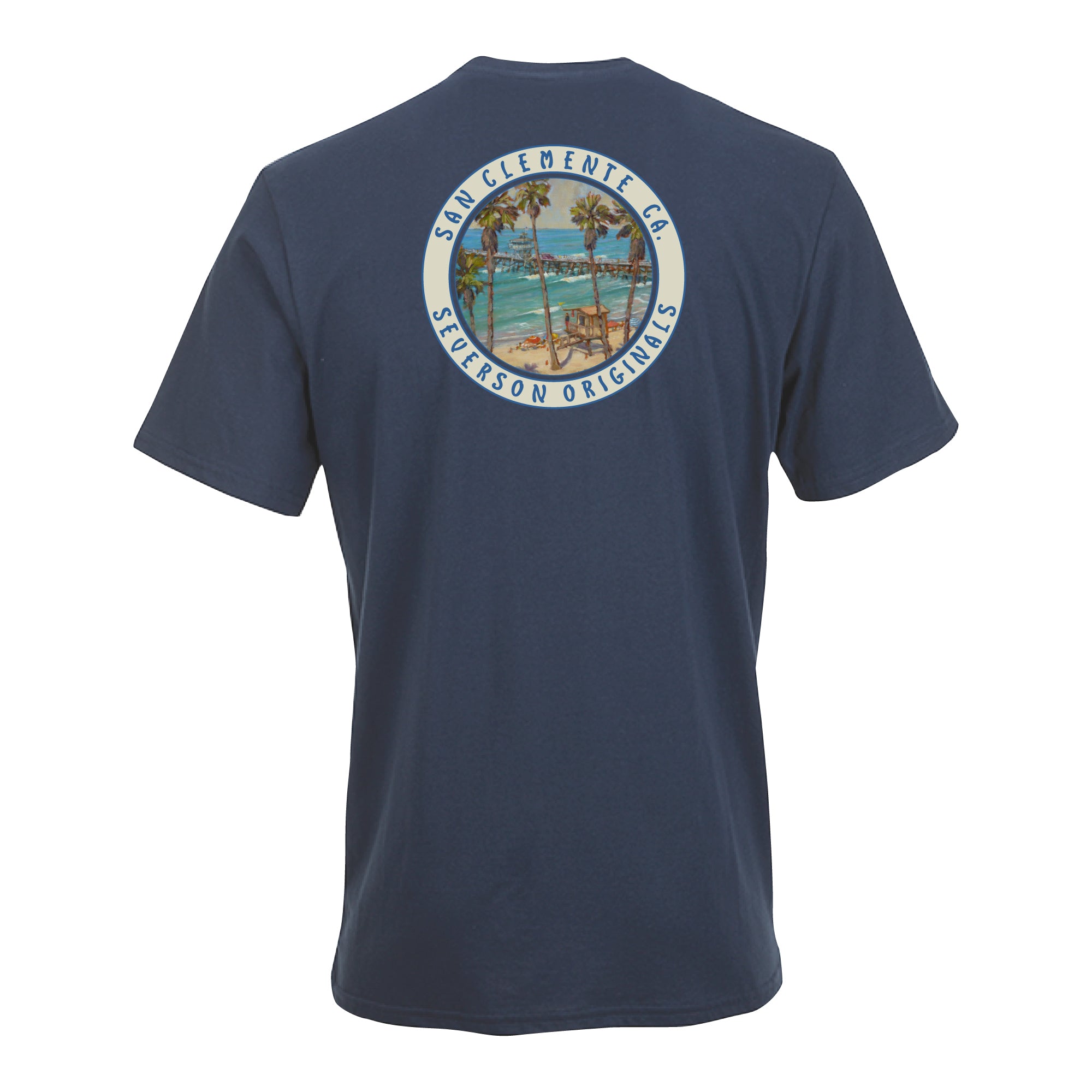 Back of t-shirt in Navy. Circular design with painting of San Clemente pier. Text around border reading san clemente and severson originals.