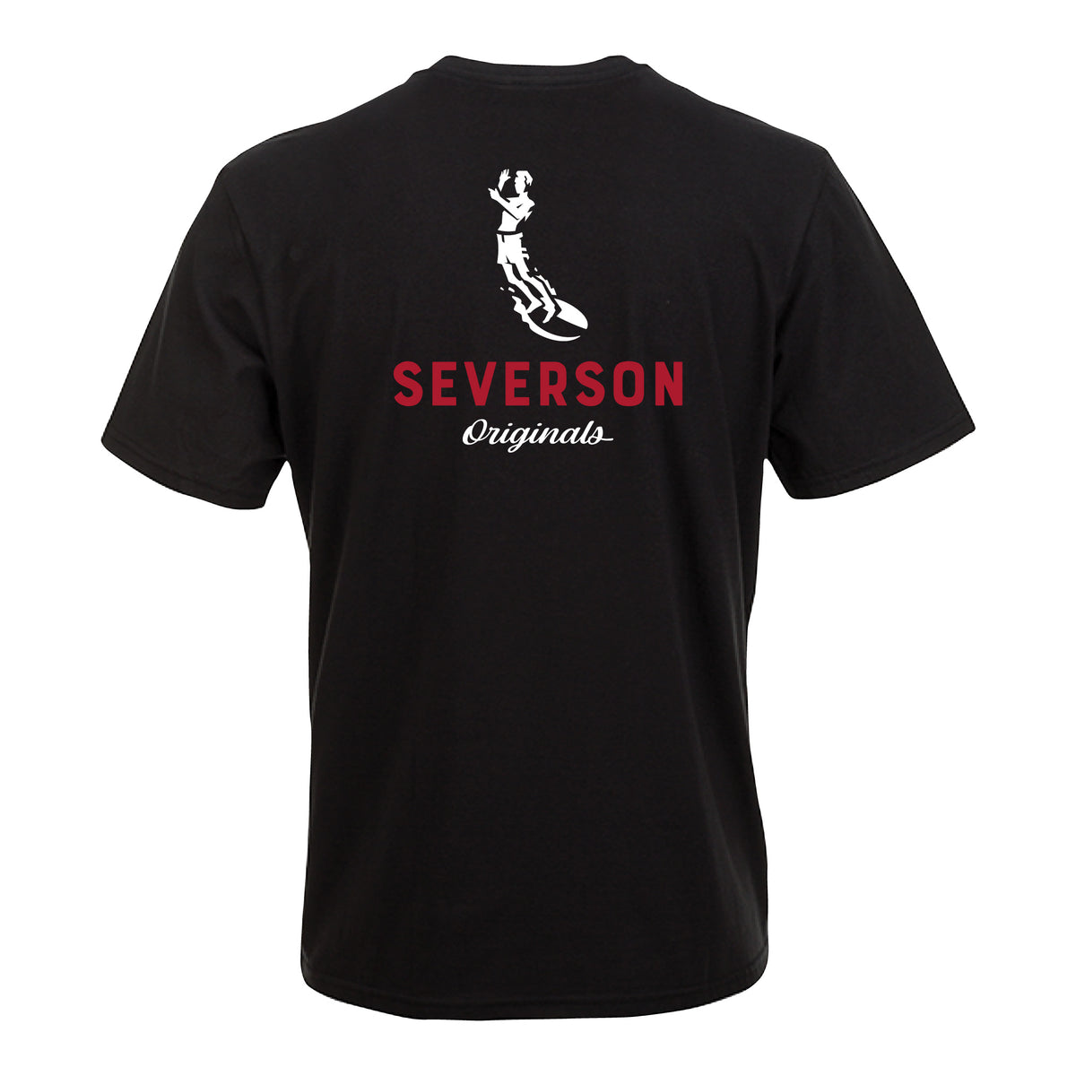 The classic Severson Originals logo. Our surfer icon with Severson text below. Black tee.