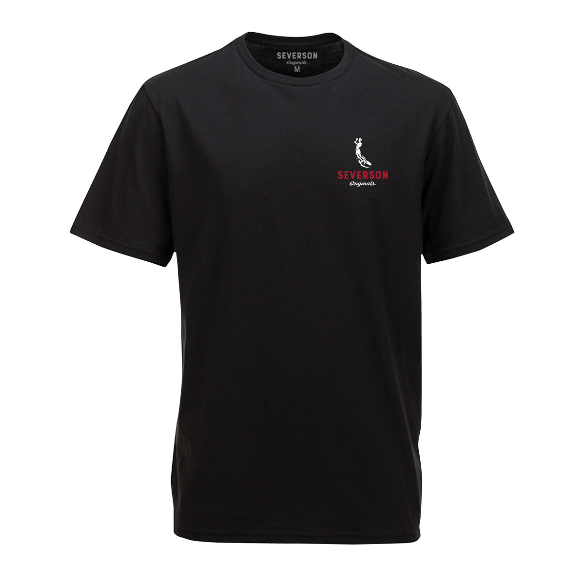 The classic Severson Originals logo. Our surfer icon with Severson text below. small on front left chest. Black tee.