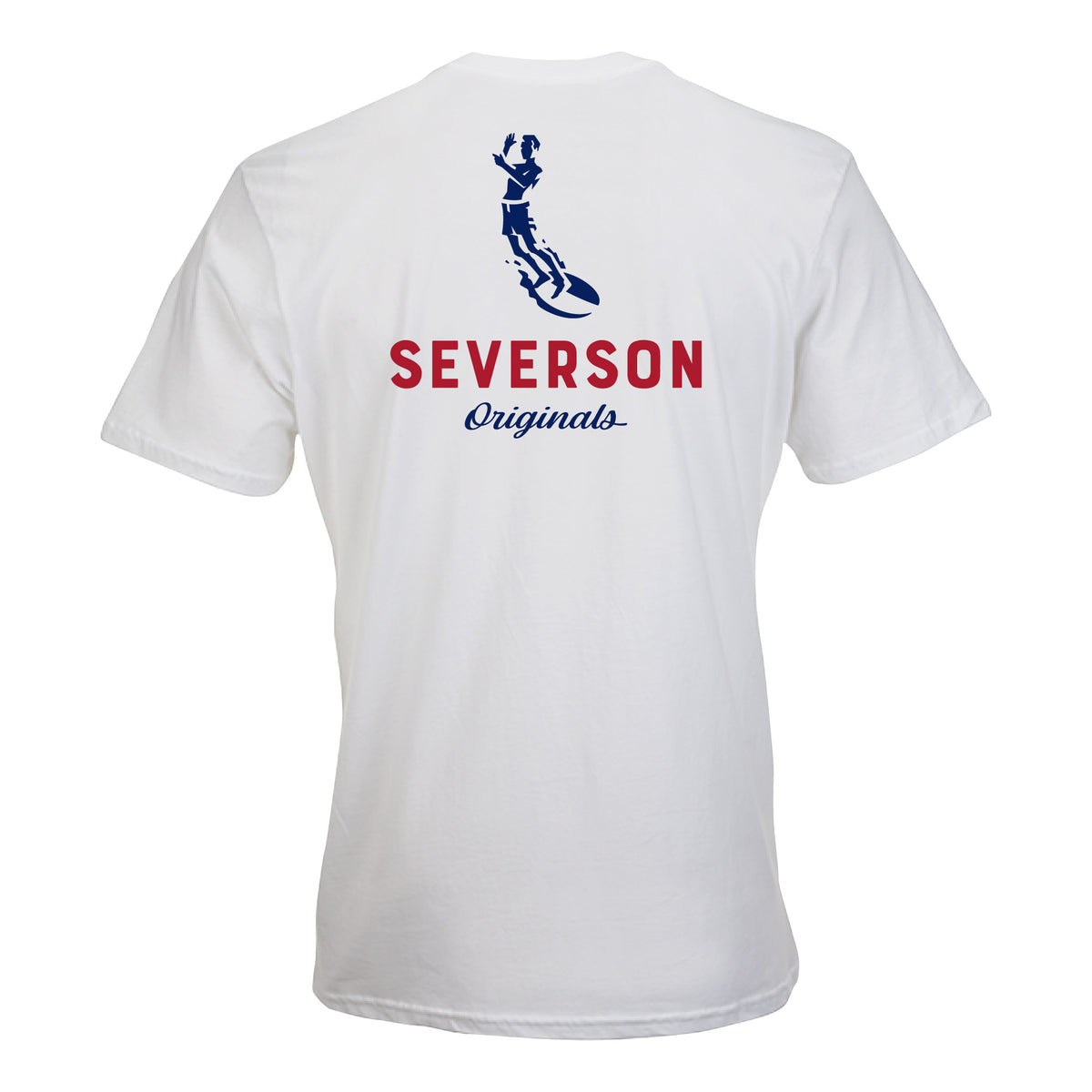 The classic Severson Originals logo. Our surfer icon with Severson text below. white tee.