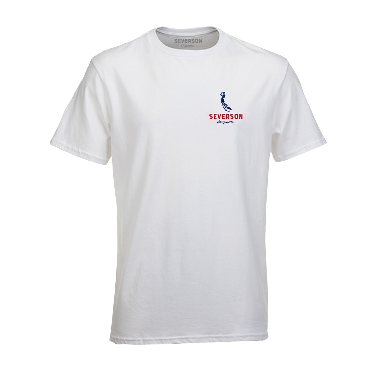 The classic Severson Originals logo. Our surfer icon with Severson text below. small on front left chest. white tee.