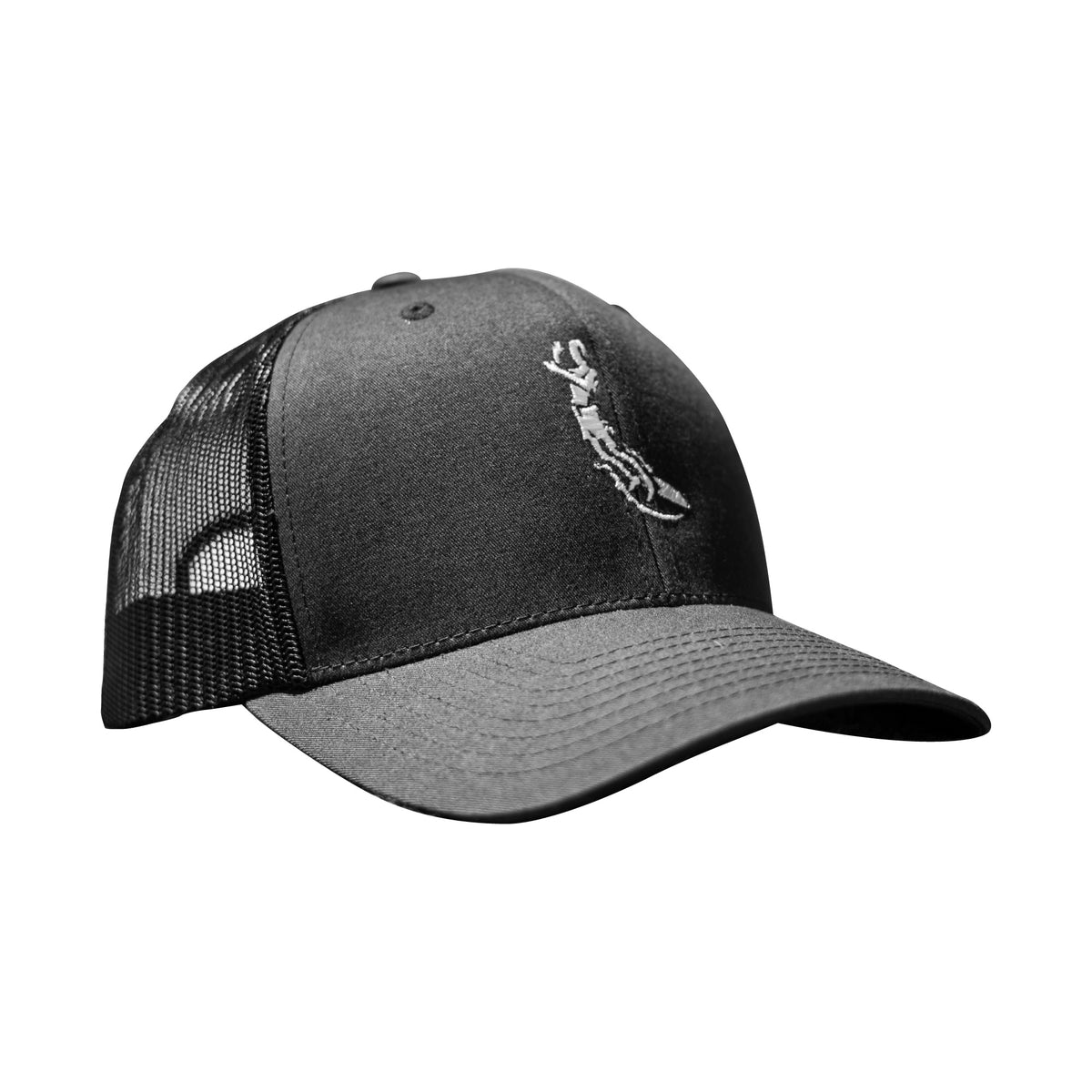 Mens 5 panel trucker hat in black. front center embroidery of severson surfer icon in white. Back is snap back closure.